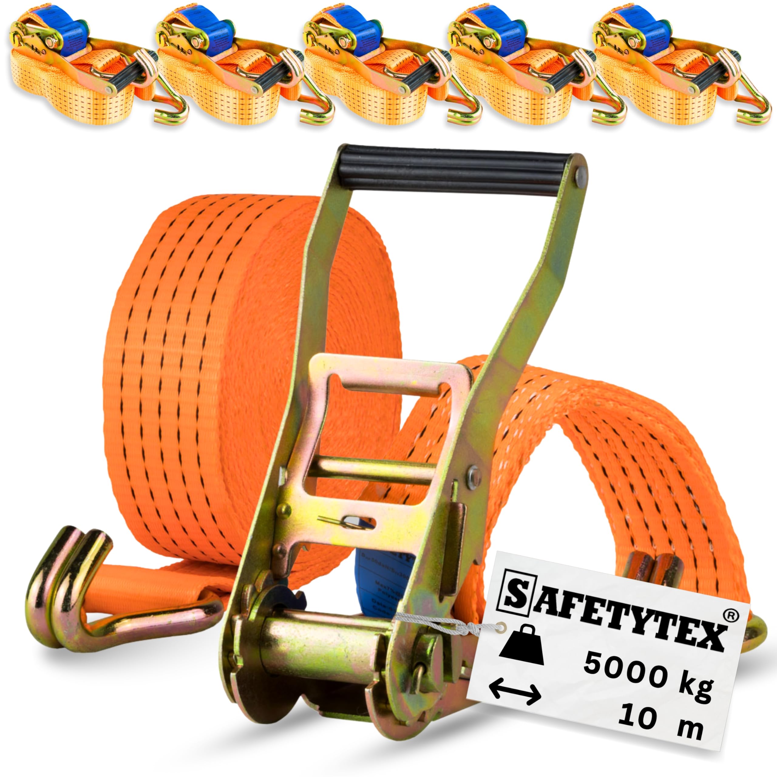 Safetytex Spanngurt zweiteilig 5t 10m 2500kg 5000 kg daN Zurrgurte 2teilig LKW Anhänger 5 to 10 Meter (6 Stück)