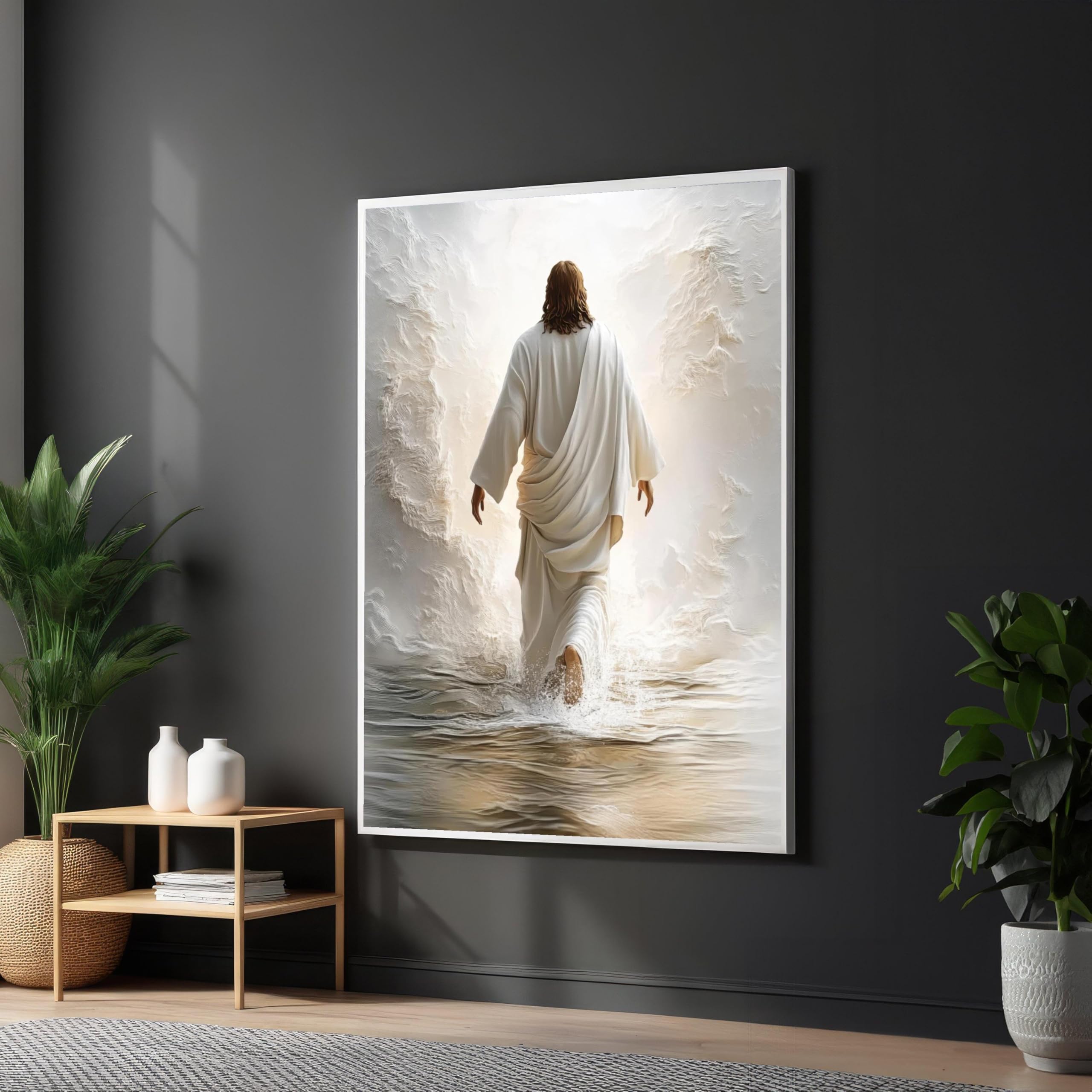 TONGYINLI Jesus Walking on Water Canvas Wall Art, chrześcijańskie wydruki plakaty religijne, inspirujący obraz, dekoracja domu grafika (70 x 100 cm/rama wewnętrzna)