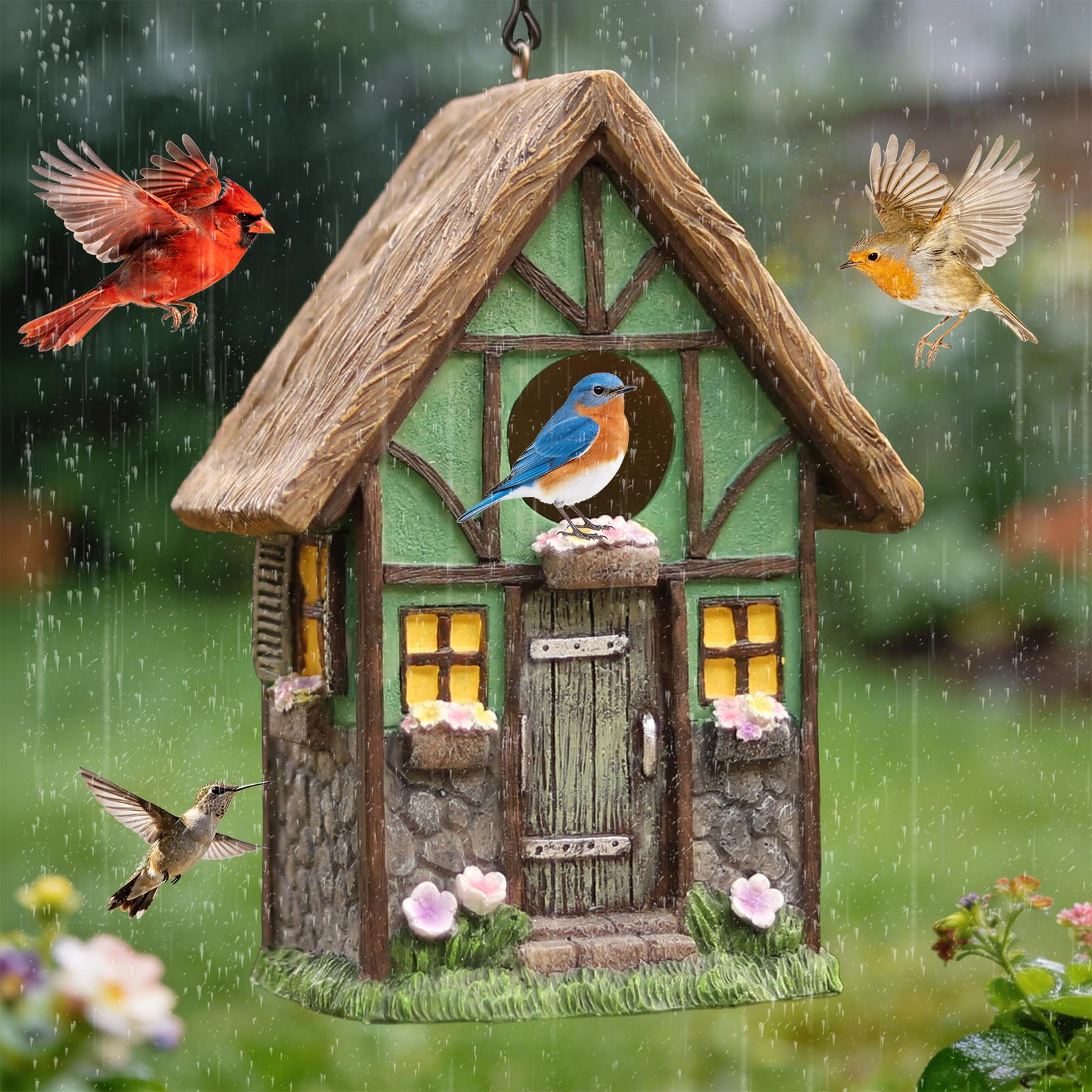 Vogelhäuser für den Außenbereich, rustikales Cottage, Vogelhaus mit Strohdach, handbemalt, Kunstharz, Vogelhäuser für den Außenbereich, für Bluebird Finken, Kardinäle, Vogelnistgarten, Terrasse, Hof
