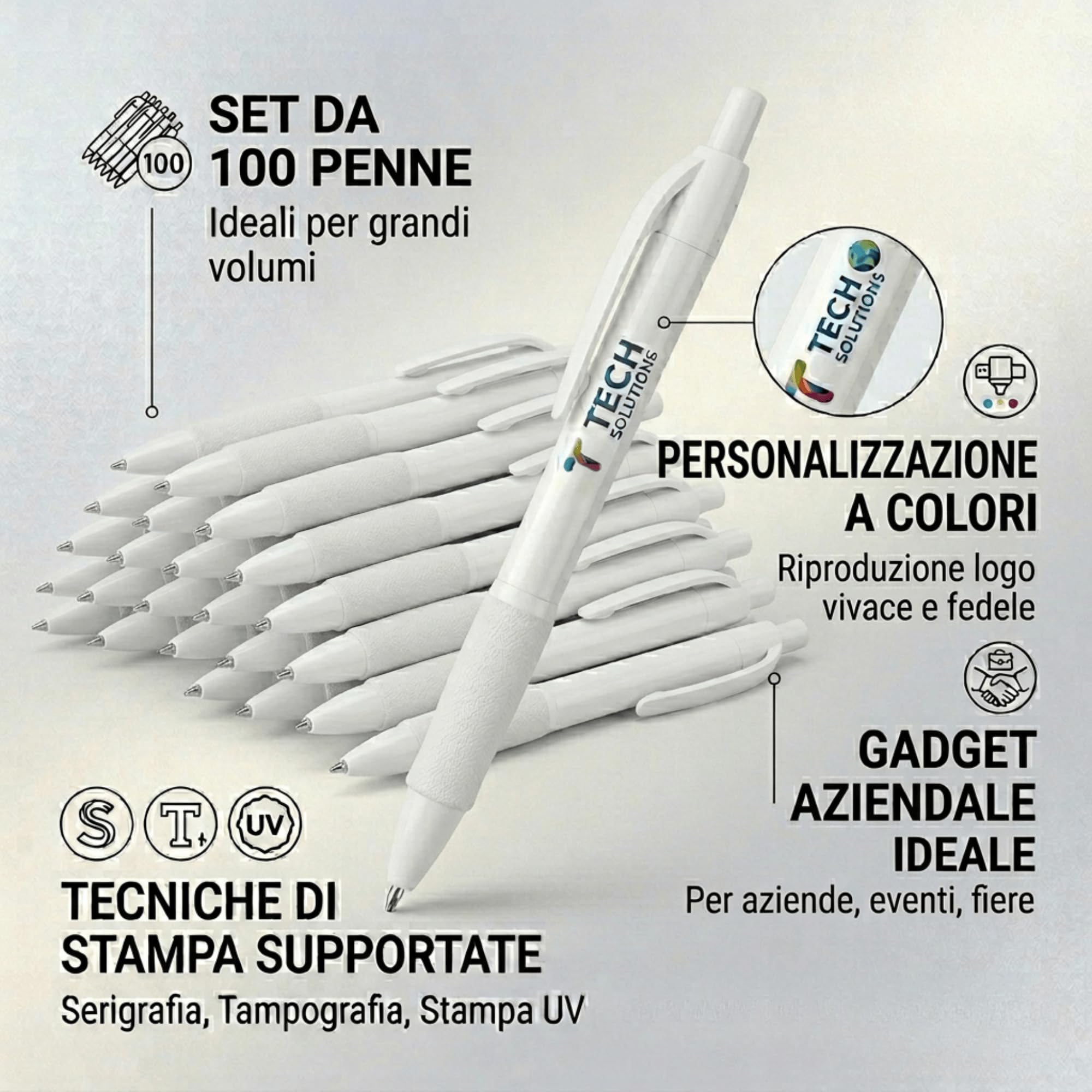 Set 100 Penne a Sfera Personalizzate con Stampa a Colori - Penna a Scatto Personalizzabile in Plastica Bianca con Grip in Gomma Colorata, Refill Nero - Gadget Aziendali e Promozionali