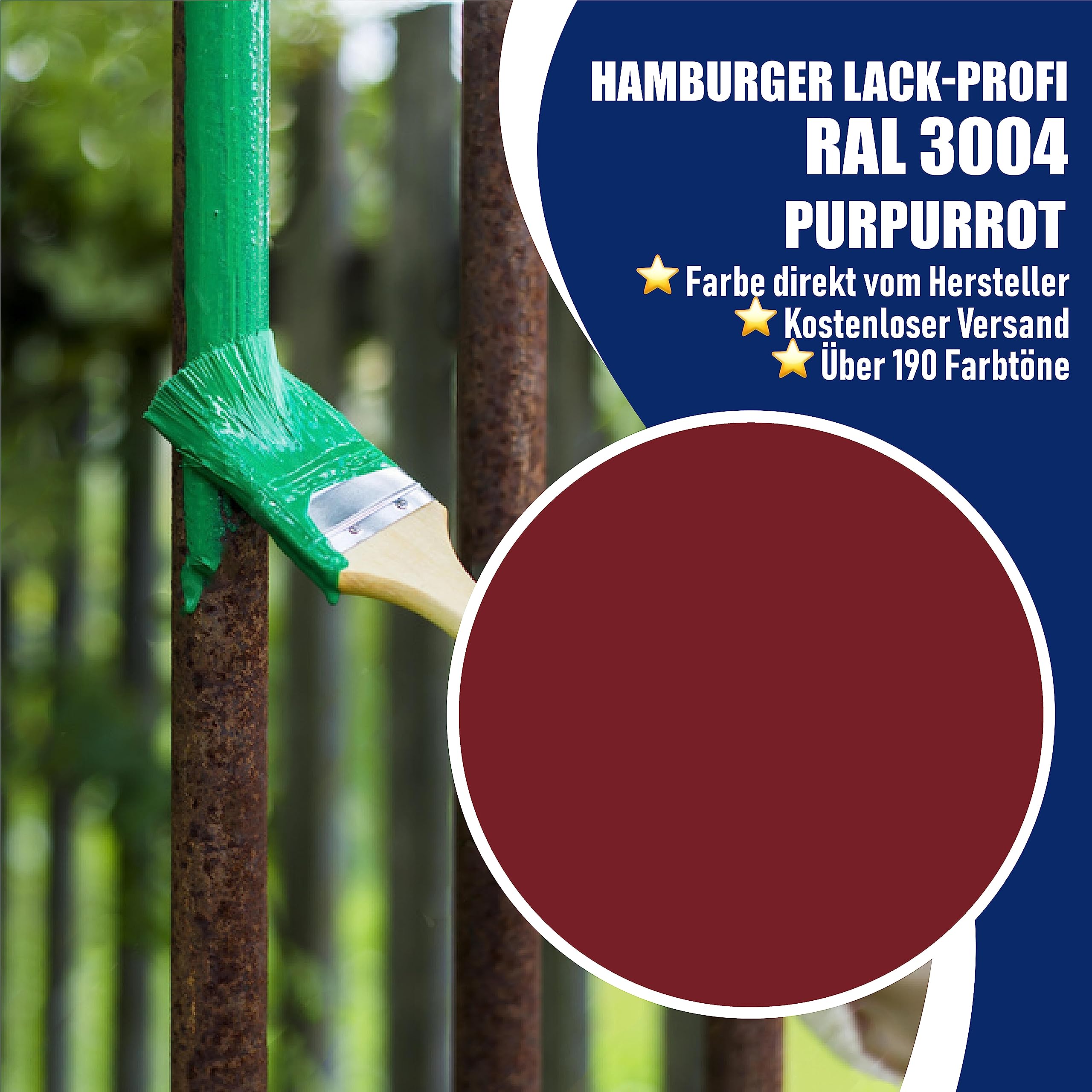 Metallschutzlack 3in1 SEIDENMATT Purpurrot RAL 3004 Rot Metallschutzfarbe 3-in-1 Grundierung, Rostschutz und Deckanstrich in Einem Metalllack Metallfarbe // Hamburger Lack-Profi (2,5 L)