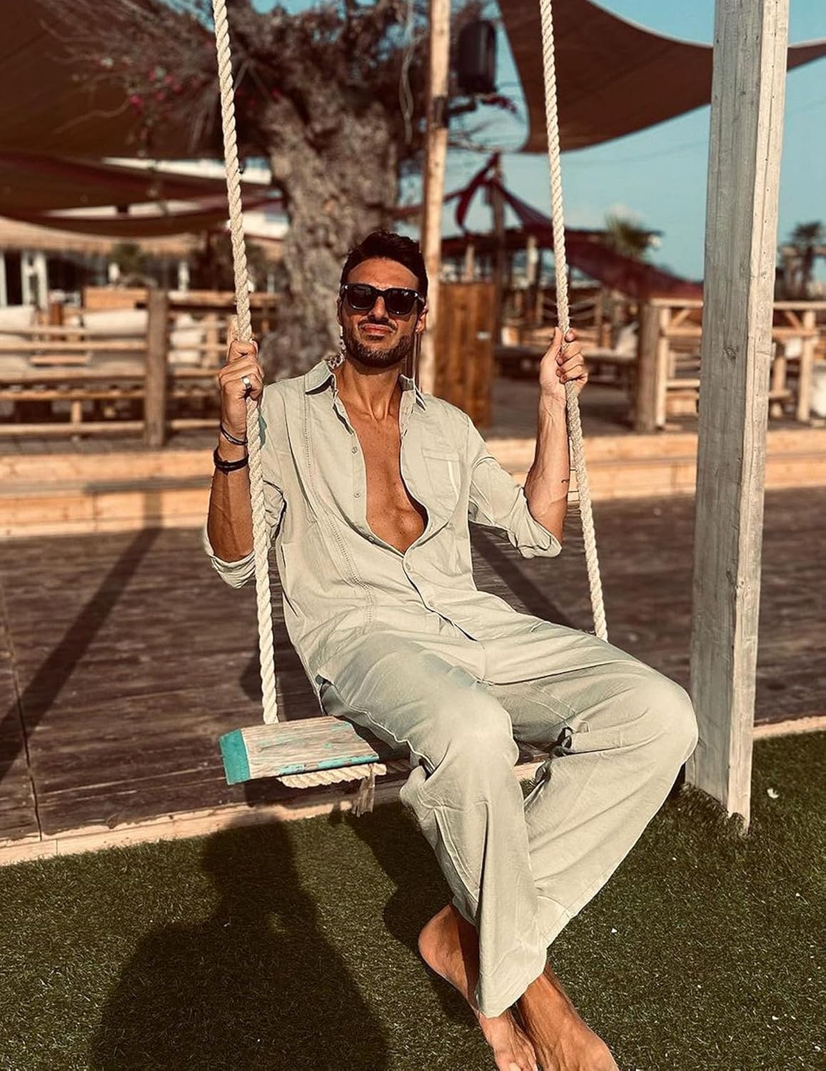 COOFANDY Mens Linen Sets 2 Piece Long Sleeve Button Down Cuban Shirt and Pants Set Summer Beach Set Outfits - Image 2