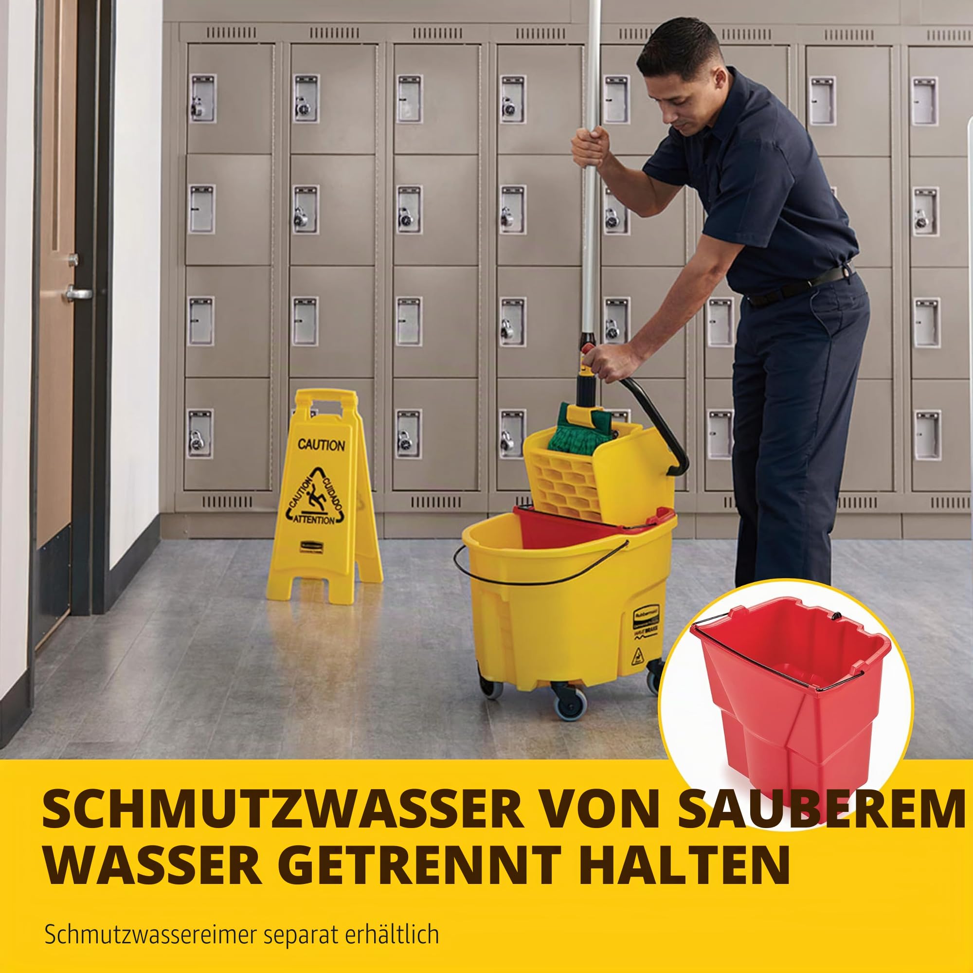 Rubbermaid Commercial Products WaveBrake Wischeimer mit Seitenpresse | Reinigungseimer mit Rollen für professionelle Bodenreinigung | 33 l, Gelb