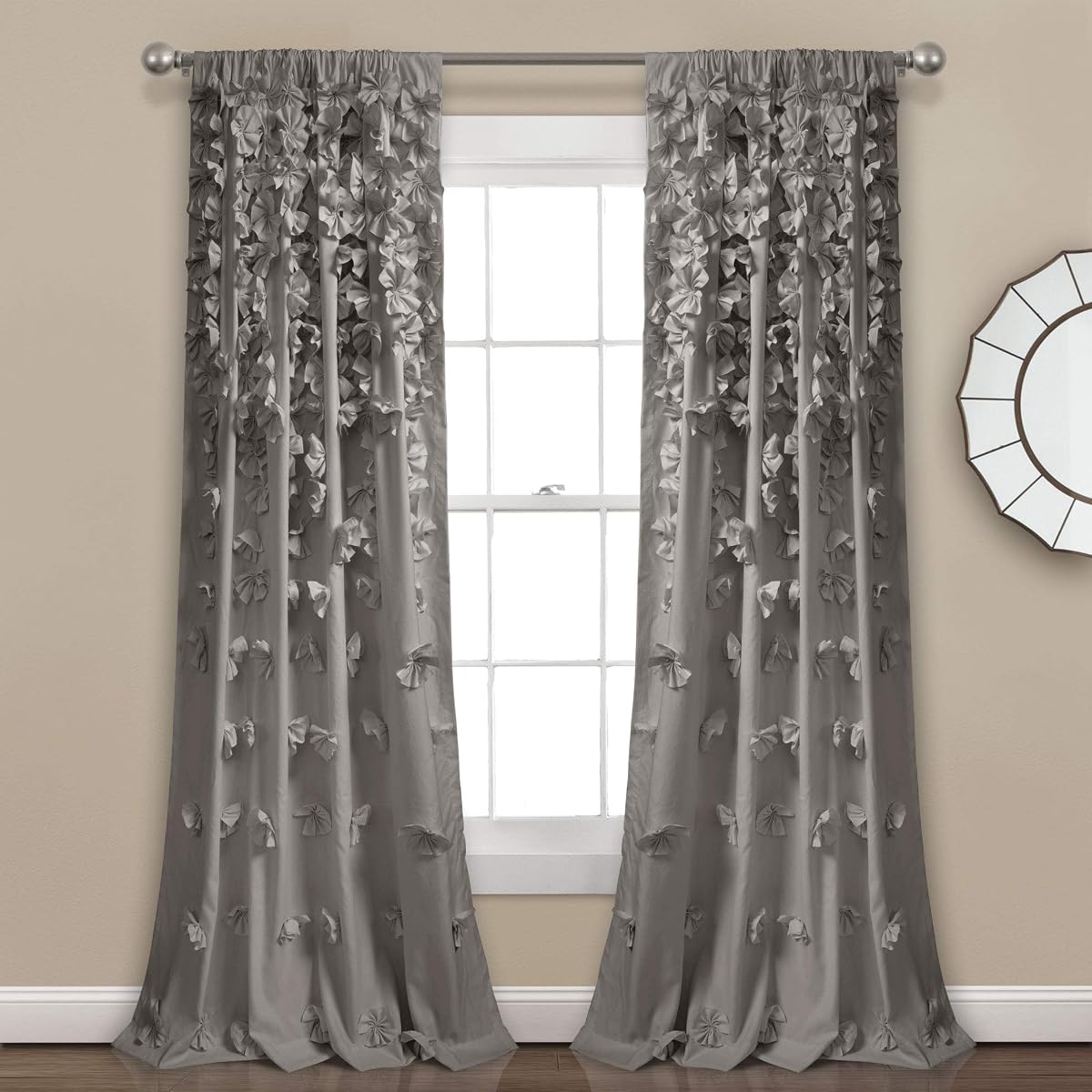 Lush Decor Riley Window Curtain Panel - Charming Handmade Bow Details - Elegant Light Filtering Single Curtain for Living Room, Dining Room, or Bedroom - 54" W x 84" L, Gray