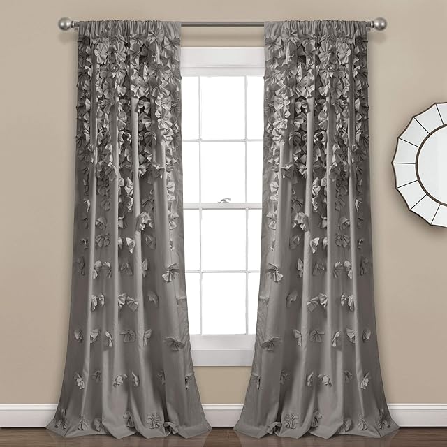 Lush Decor Curtain Sheer Ruffled Textured Bow Window Panel for Living, Dining Room, Bedroom (Single), Polyester, Grey, 84 in L