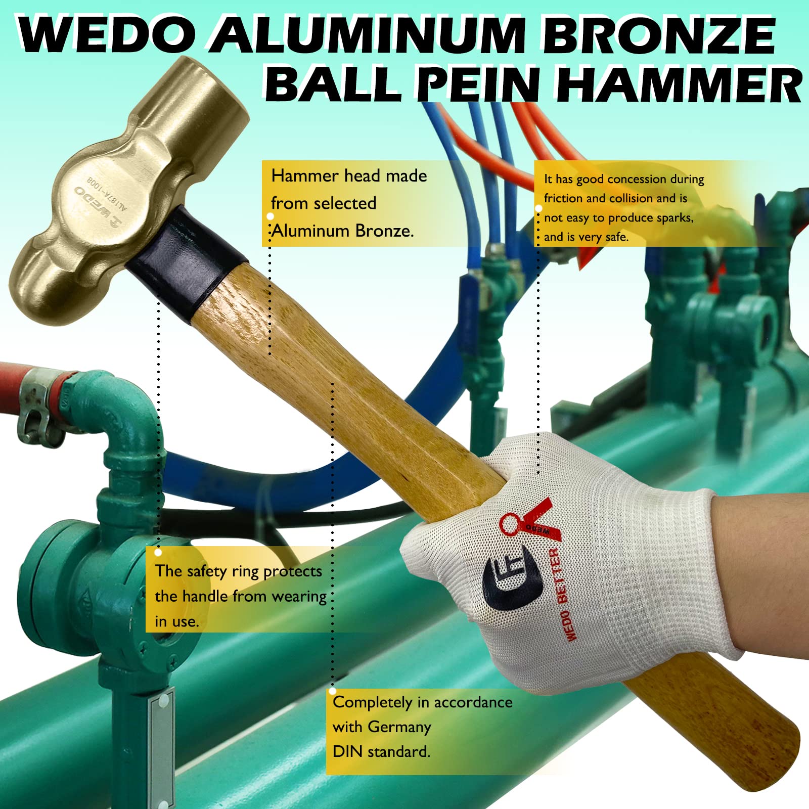 WEDO Nieparkingowy młotek kulowy 560 g, młotek bezpieczeństwa bez iskier, brąz aluminiowy, standard DIN, certyfikat BAM i FM