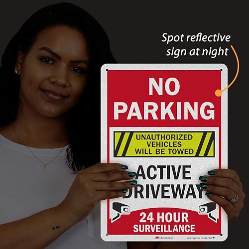 Miniatura 2 de SmartSign Letrero de "No Parking - Active Driveway, 24 Horas de Vigilancia, Vehículos No Autorizados Serán Remolcados"  Aluminio reflectante de
