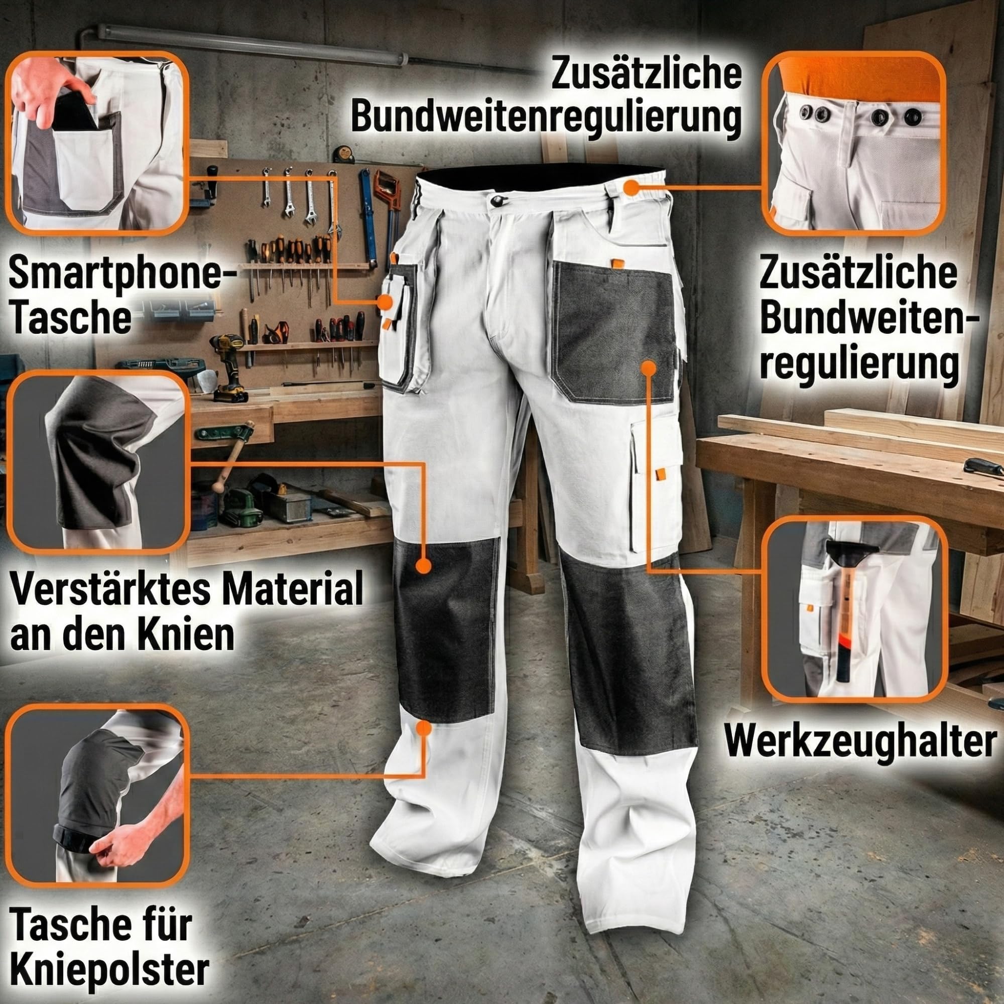 NEO TOOLS Profi Arbeitshose/Profi Set (Hose, Jacke, Knieschutzpolster) weiß | Sicherheitshose Arbeitskleidung Berufsbekleidung Bundhose Malerhose Hose S-XXL