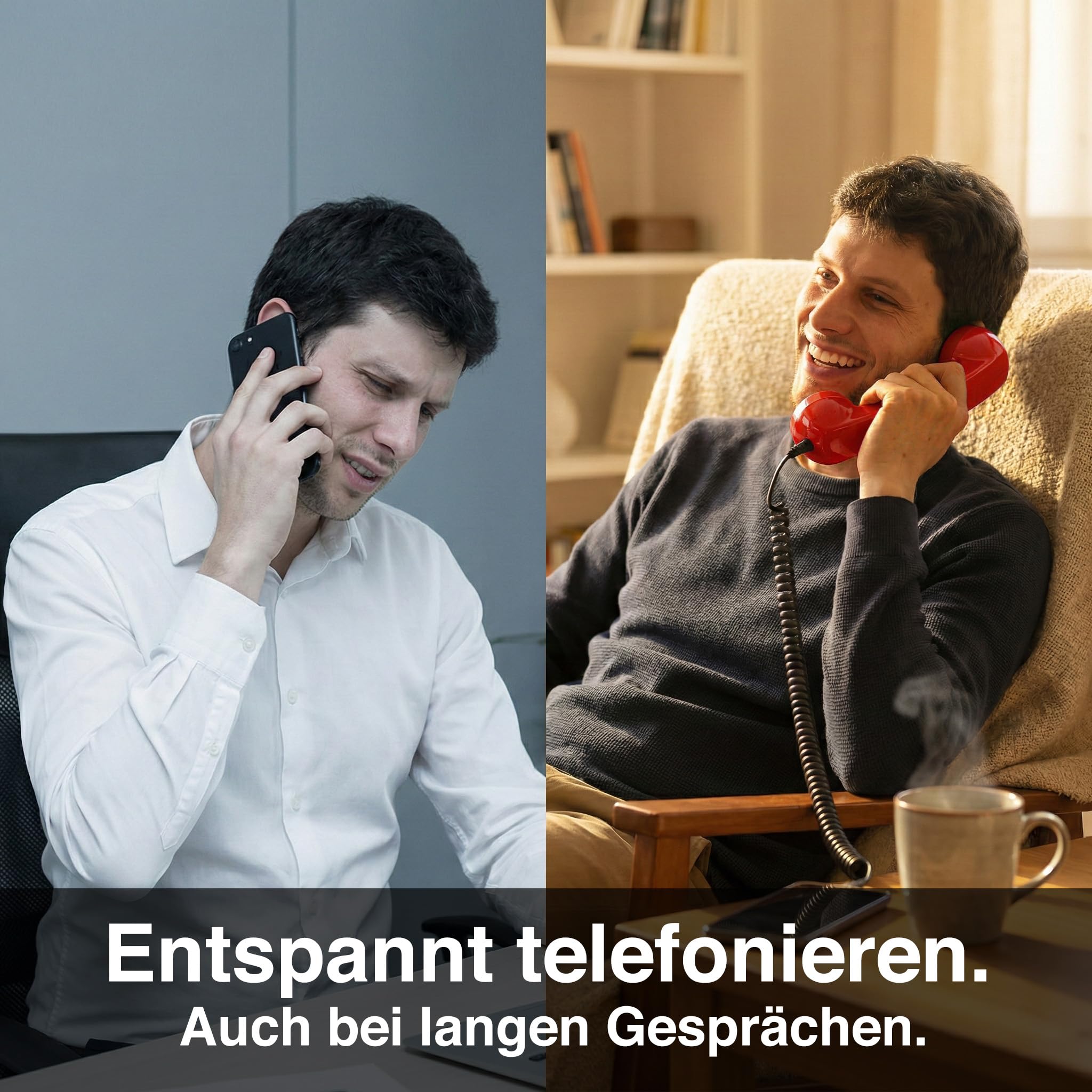 Opis Technology 60s Micro Retro-Telefonhörer für Handy und Smartphone, inkl. aktivem USB-C-Adapter für Android und iPhone 15 und Neuer, 3,5-mm-Klinke, kabelgebunden, Rot