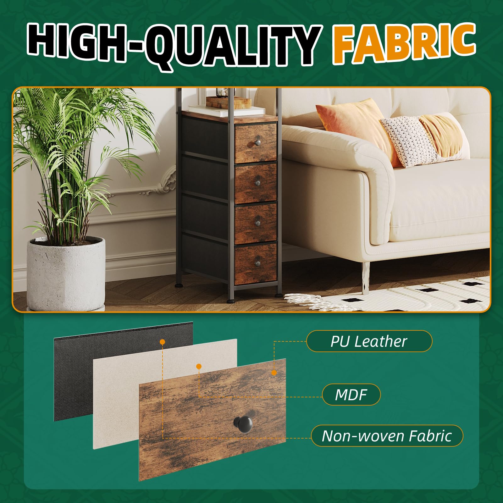 CAIYUN Narrow Dresser Chest of Drawers, Large 4 Drawers Dresser
