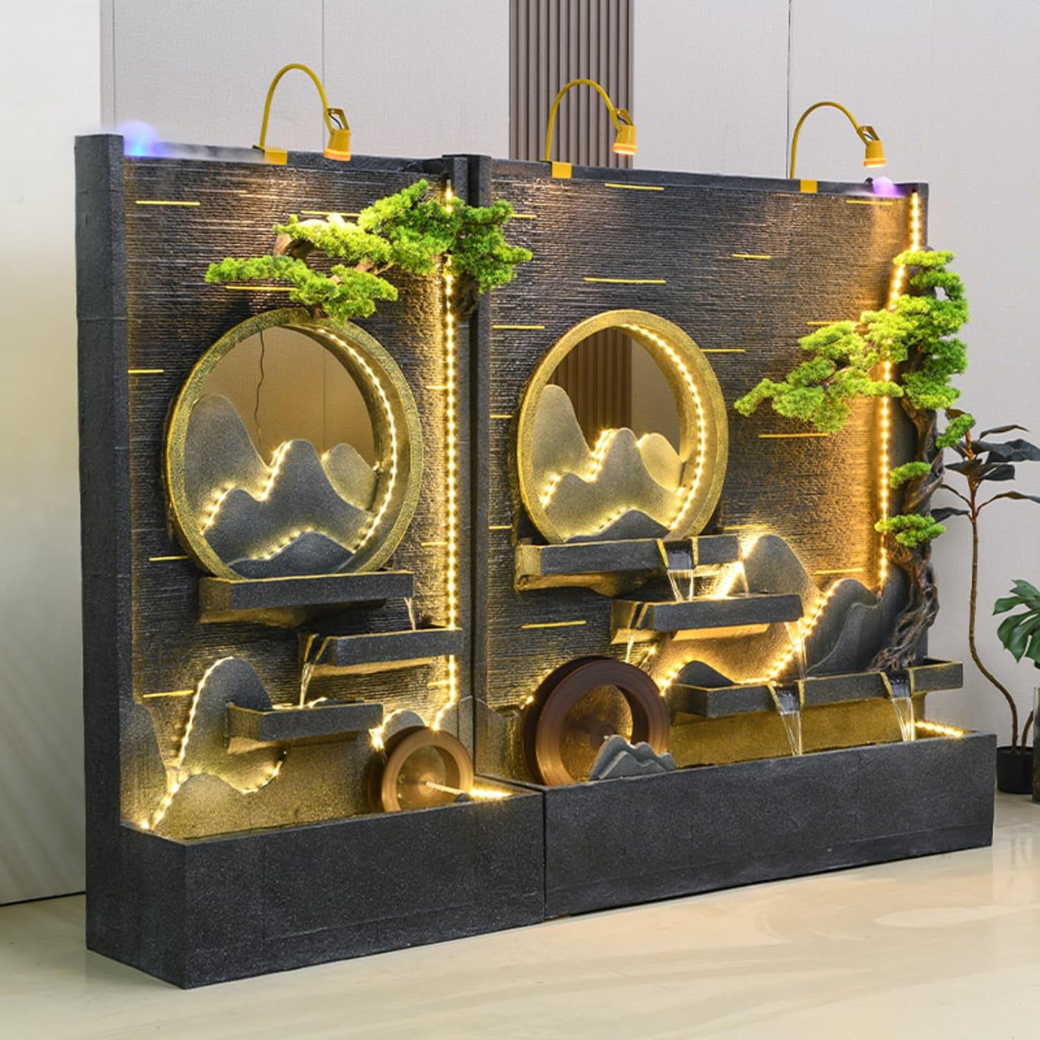 6.7 Ft Grand Modular Outdoor Fountain with LED Lights | Multiple Styles | Durable Cement Construction | Customizable Combinations with Simulated Bonsai Trees (C)(A+C)