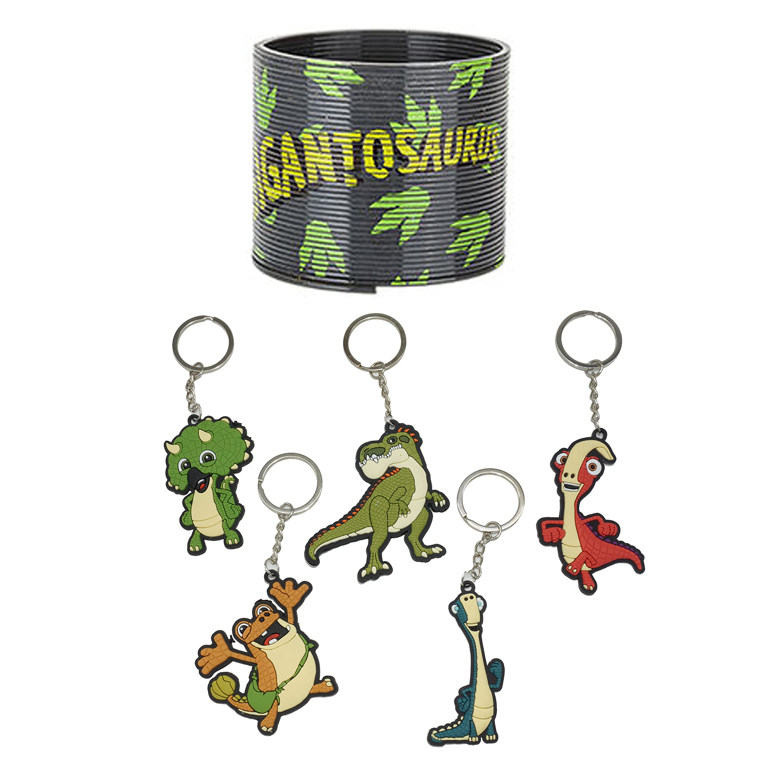 SRV Hub 6PCS Gigantosaurus Magic Spring & Keychain Set for Kids, 5Pcs 2D Keyrings & 1x Stretchy Bouncing Magic Spring - Ideal Christmas & Birthday Party Favors for Toddlers