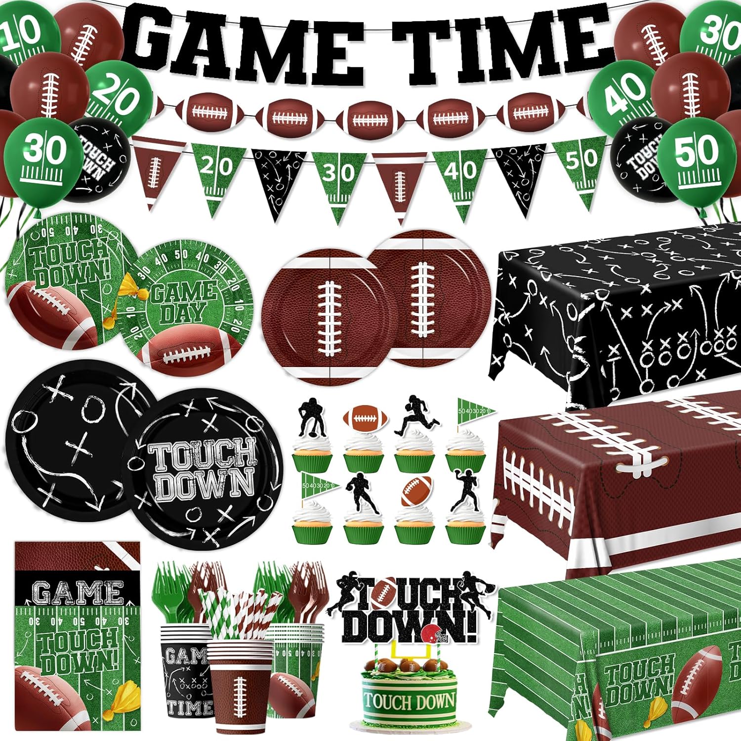 Football Party Supplies Kit Serve 24,Touchdown Plates,Napkins,Tablecloth,Banner,Balloon Football Birthday Party Decorations Tableware Set for Game Day Tailgate Decor