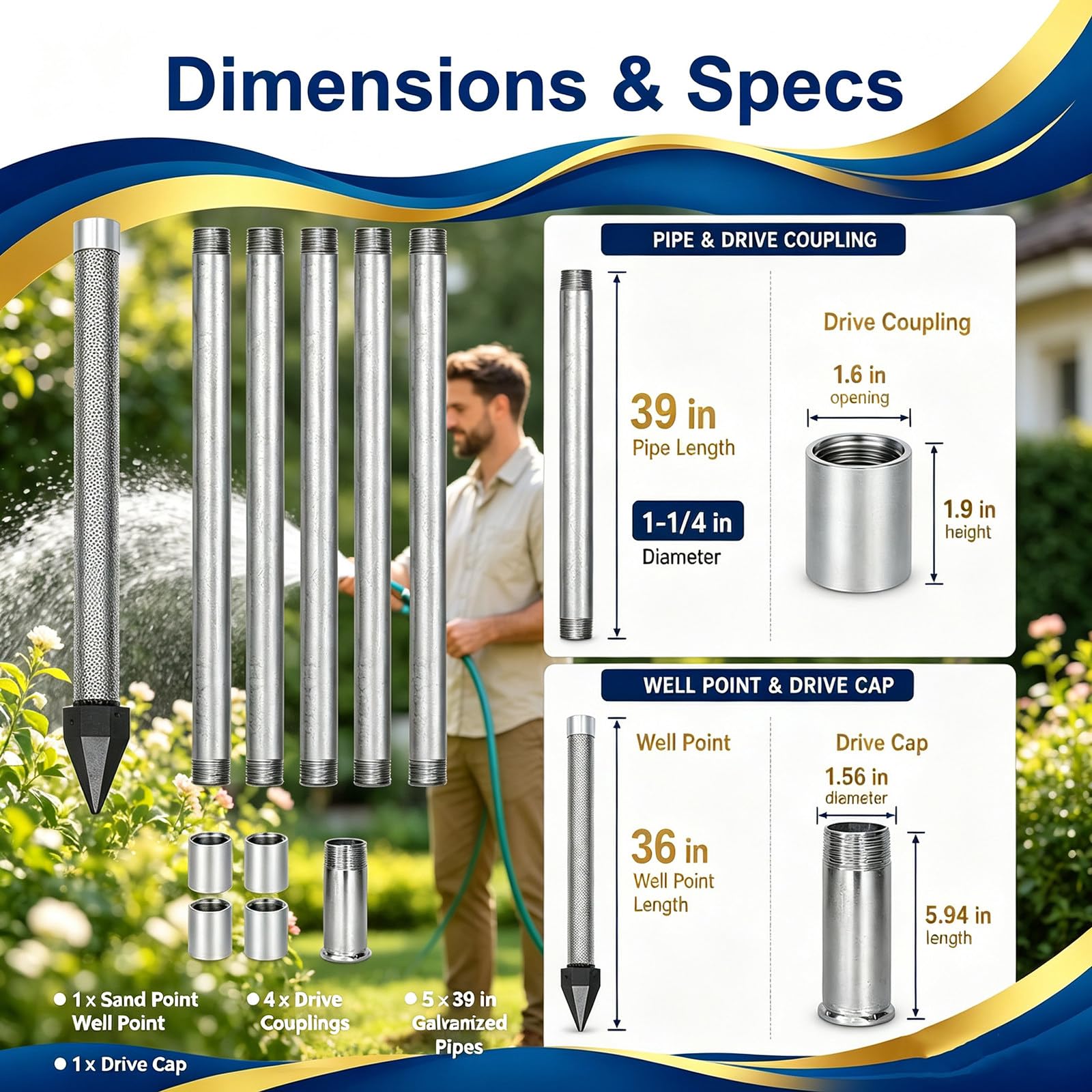 Kit Pozzo a Punta da 1-1/4": Punta Battente in Acciaio Inox con Filtro Sabbia da 36" (Maglia 60) E 5 Tubi di Prolunga Zincati; Kit Fai-da-Te per Irrigazione Prati