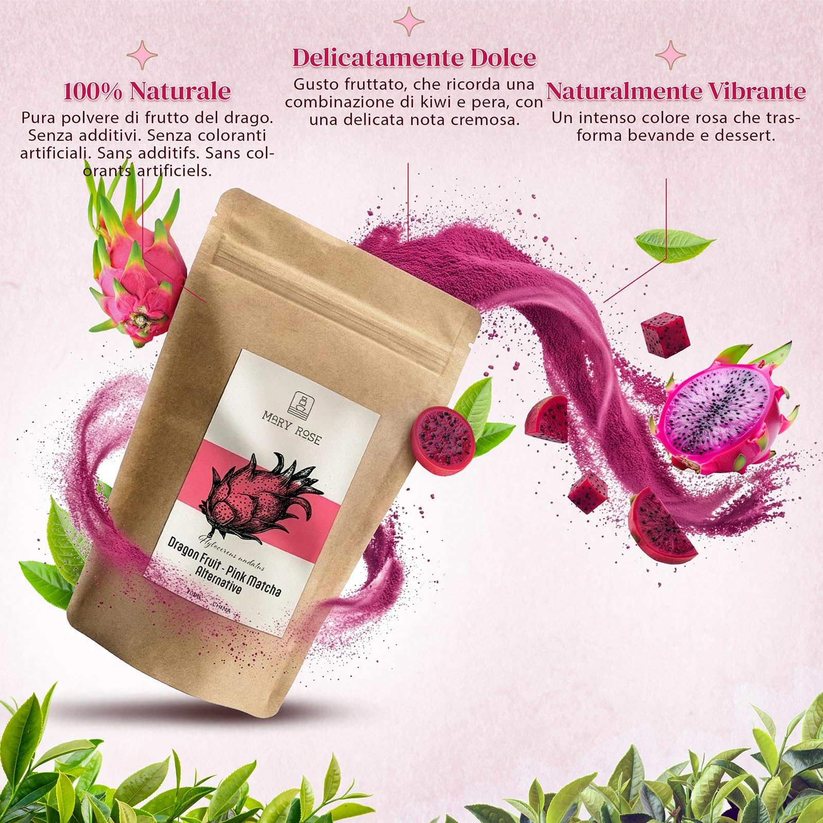 Mary Rose Pink Matcha 100g – Polvere di frutto del drago, polvere di frutto del drago 100% naturale