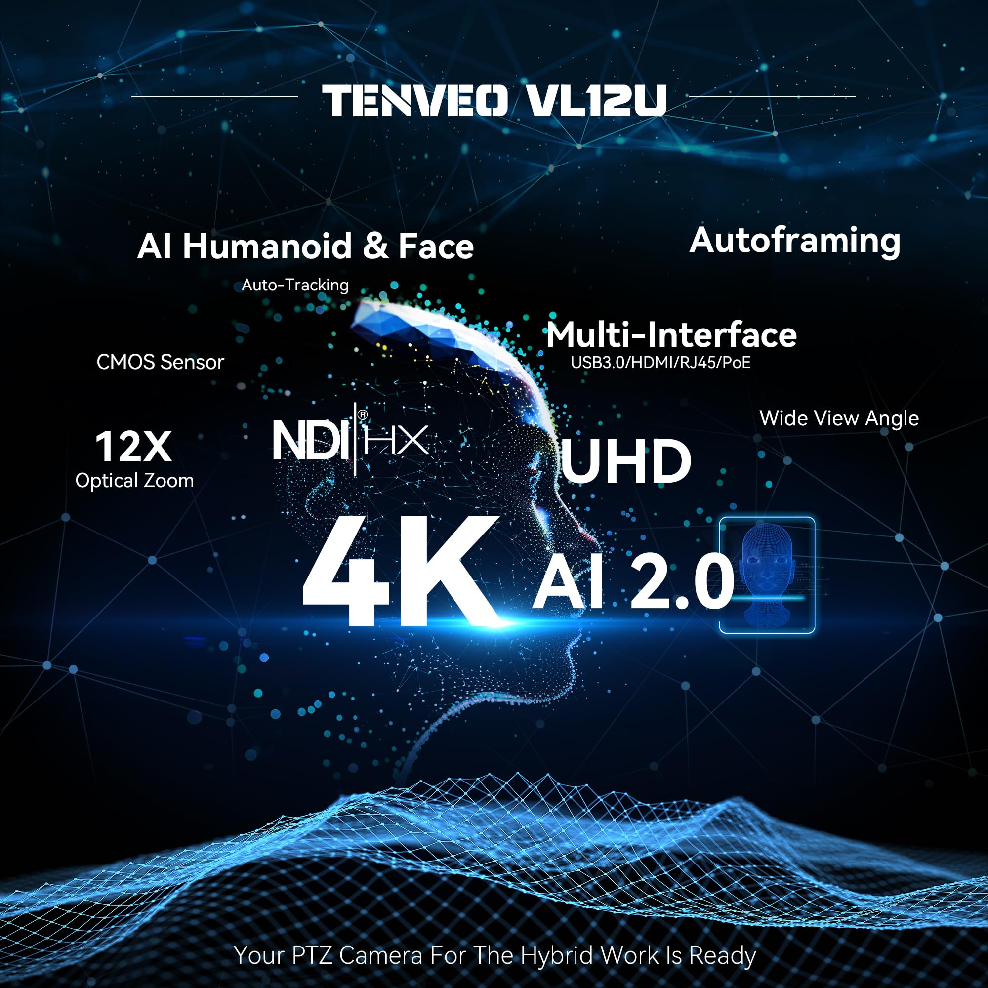 Tenveo Telecamera PTZ NDI 4K con Tracking Automatico AI, Zoom Ottico 12X, USB3.0 HDMI LAN PoE NDI Camera IP Streaming Live per Chiesa Conferenze Trasmissioni Eventi YouTube OBS vMix Livestream