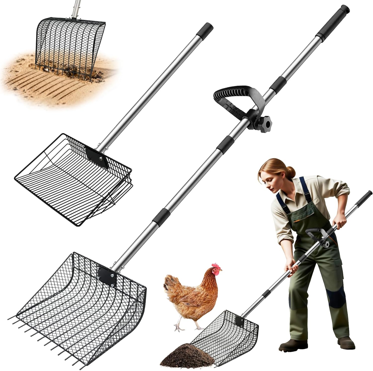 11.61" Chicken Poop Scooper & Rake 2-in-1+ 9.84" Pooper Scoopers, 25" to 67" Large Metal Litter Scoop with Adjustable Stainless Steel Handle for Farm Sifting Coops Cleaning Chicken Litter Pet Waste