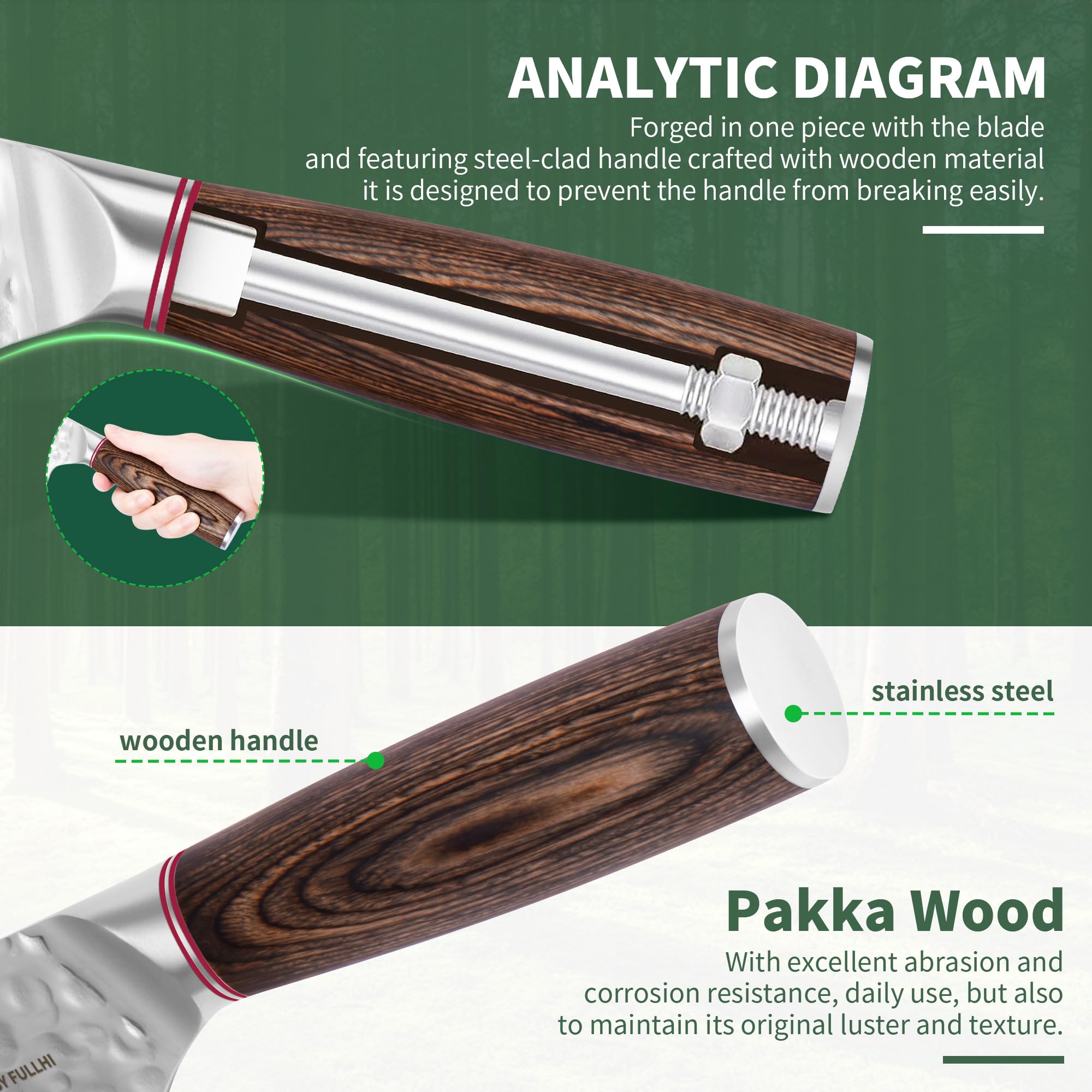 FULLHI Coltello da cucina a lama martellata con protezione, coltelli da chef antiaderenti, coltello giapponese con manico in legno Pakka, coltelli da cucina in acciaio inox con fodero (170mm)