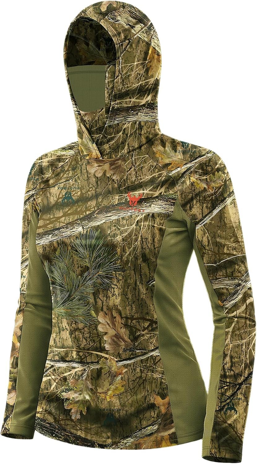 Women’s Camo Hunting Hoodie with Face Mask, UPF 50+ Lightweight Quick Dry Shirt for Turkey and Deer Hunts
