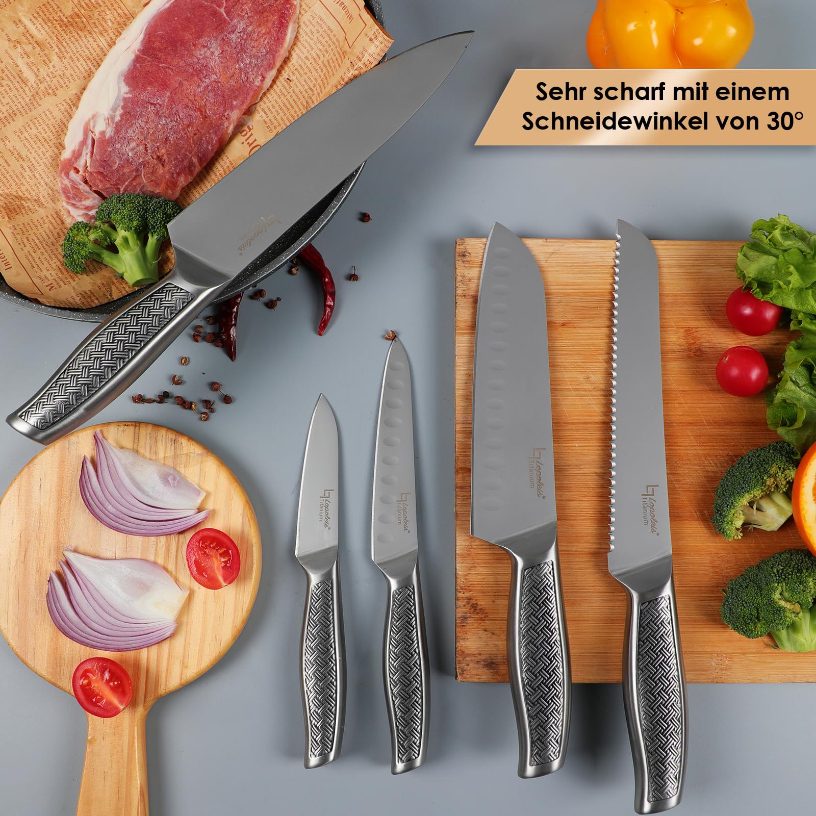 Titanium 5-Częściowy Zestaw Noży Kuchennych - Drewniany Blok, Wysokiej Jakości Stal Nierdzewna, Powłoka Tytanowa, Ostre Ostrza