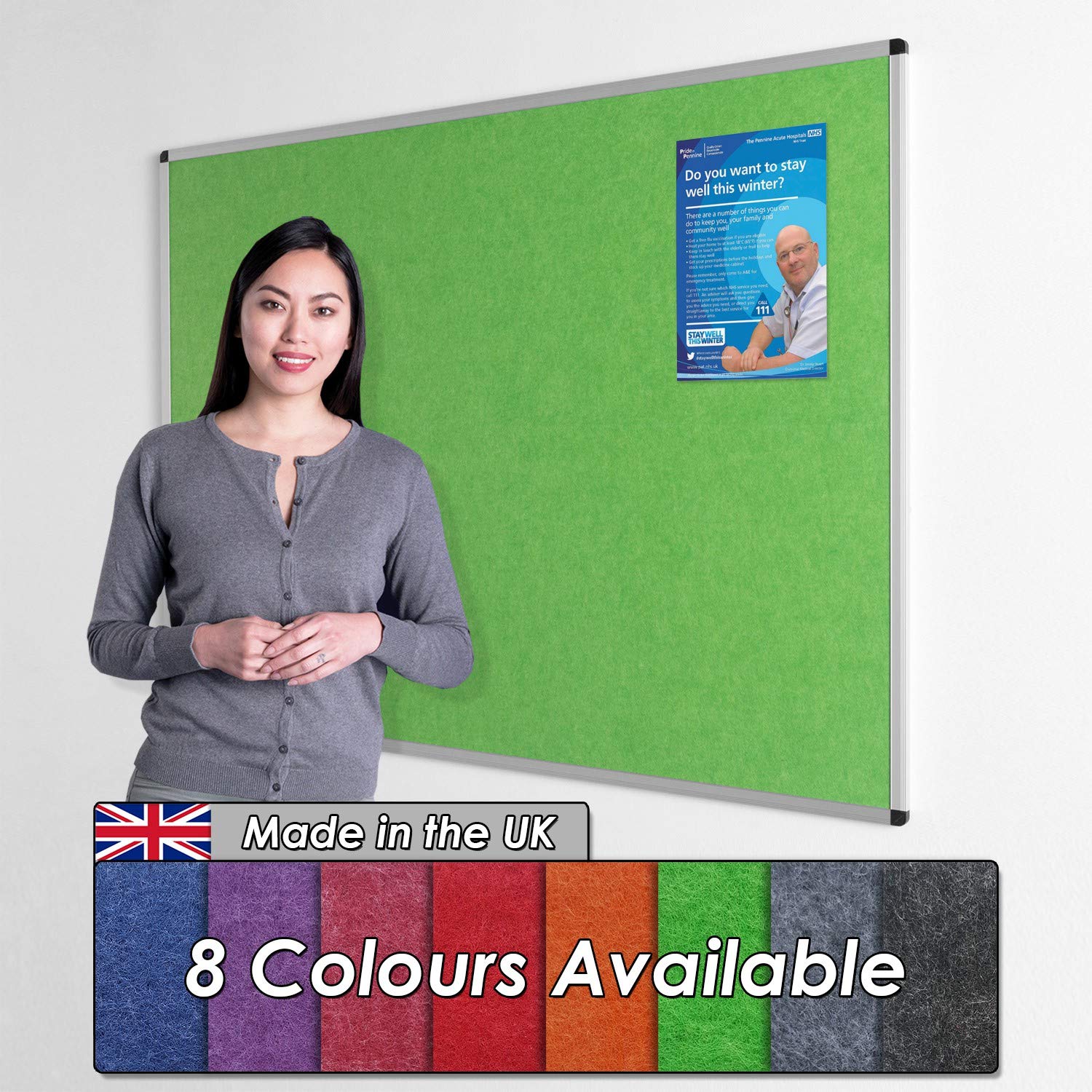 Wonderwall Fully Fire Retardant Notice Board, Apple Green Display Pinboard,120 x 90 cm - Aluminium Frame - Concealed wall-Mounted with Fixings, 8 Colours to Choose from- Ideal for Office, School — image 1