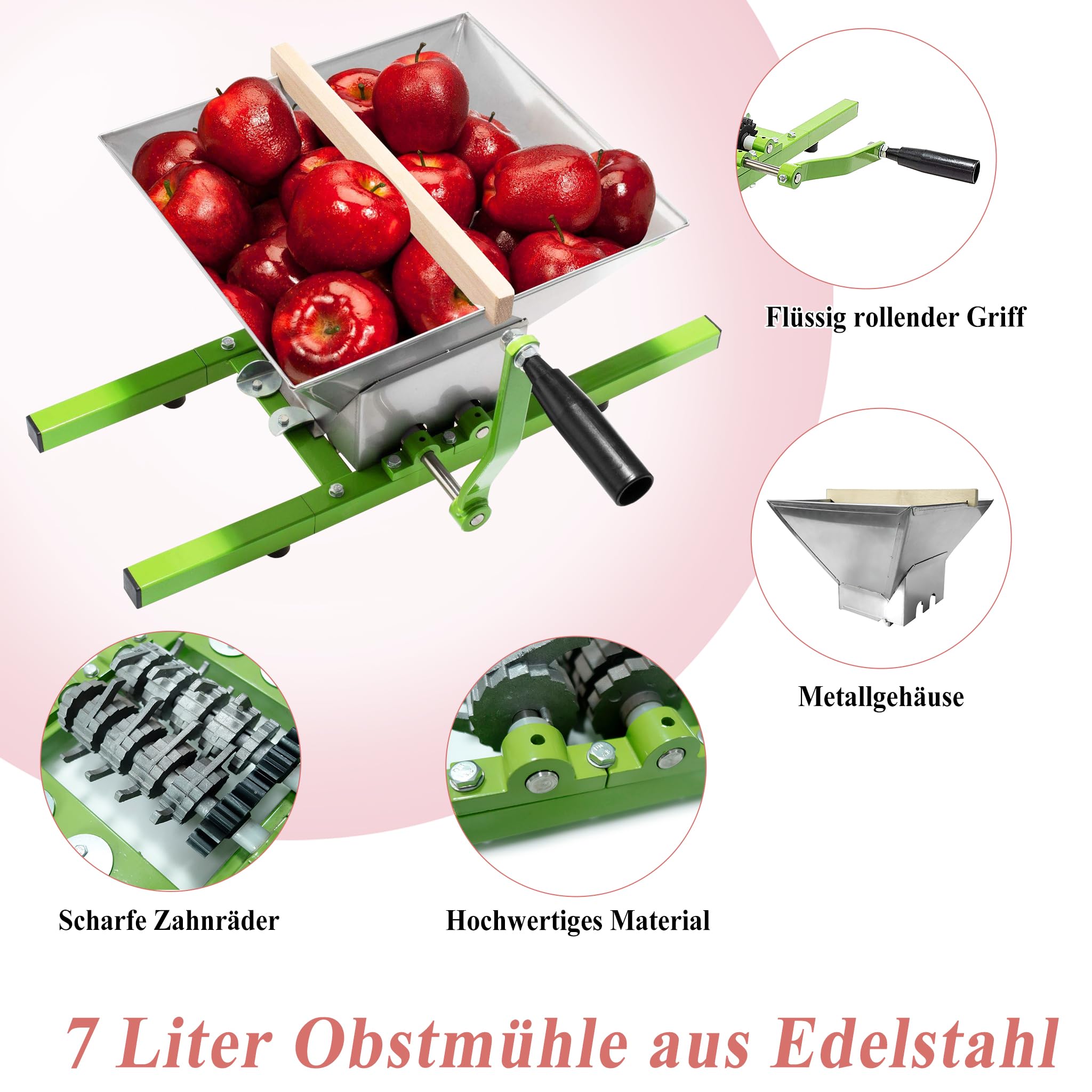 7 Liter Obstmühle aus Edelstahl Apfelpresse Traubenmühle Maischemühle Maischemühle Fruchtbrecher mit Griff Pulper Mühle mit Handkurbel Beerenmühle Obstpresse für Apfelwein