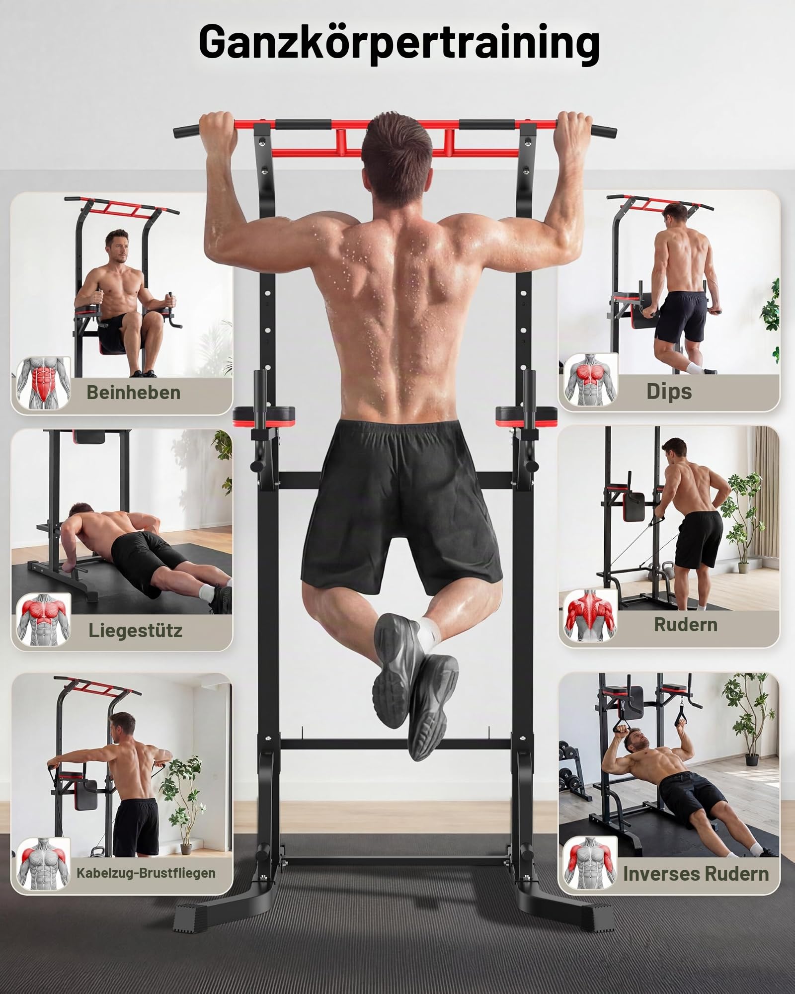 Power Tower Dip Station, Klimmzugstange Freistehend, Höhenverstellbare Krafttrainingsstation, Fitness Station, Pull Up Bar for Home Gym, Krafttraining für Zuhause, Ladekapazität bis zu 230 KG