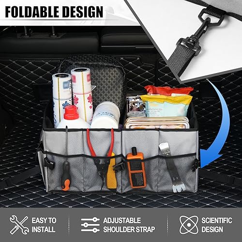 Miniatura 5 de UYYE Organizador plegable para maletero, 3 compartimentos grandes y 6 bolsillos, duradero para almacenamiento de carga, herramientas fáciles de