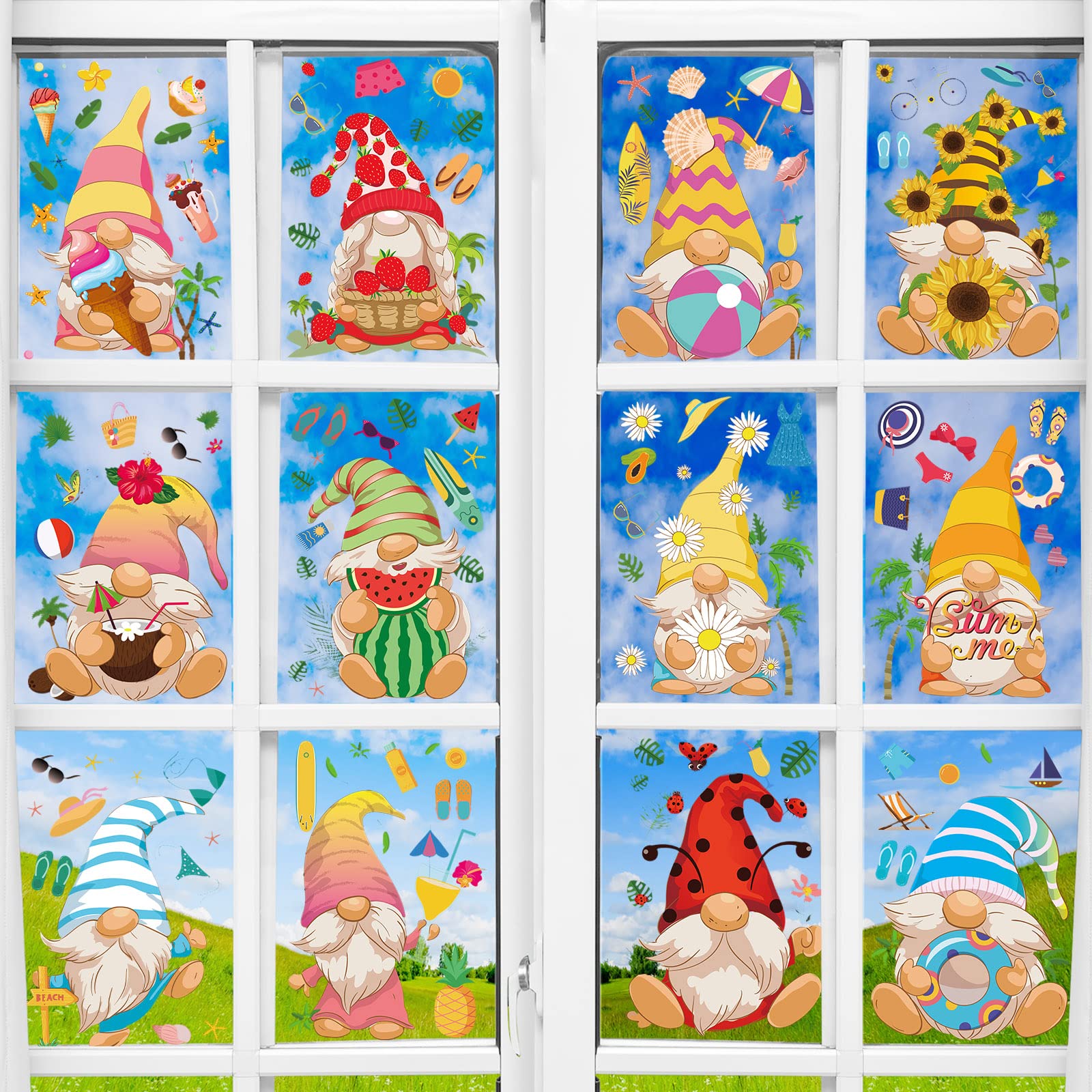 Ctosree 12 Sheets Summer Window Clings Gnome Stickers Watermelon Ice Cream Pineapple Flower Gnome Window Glass Stickers for Summer Party Decorations