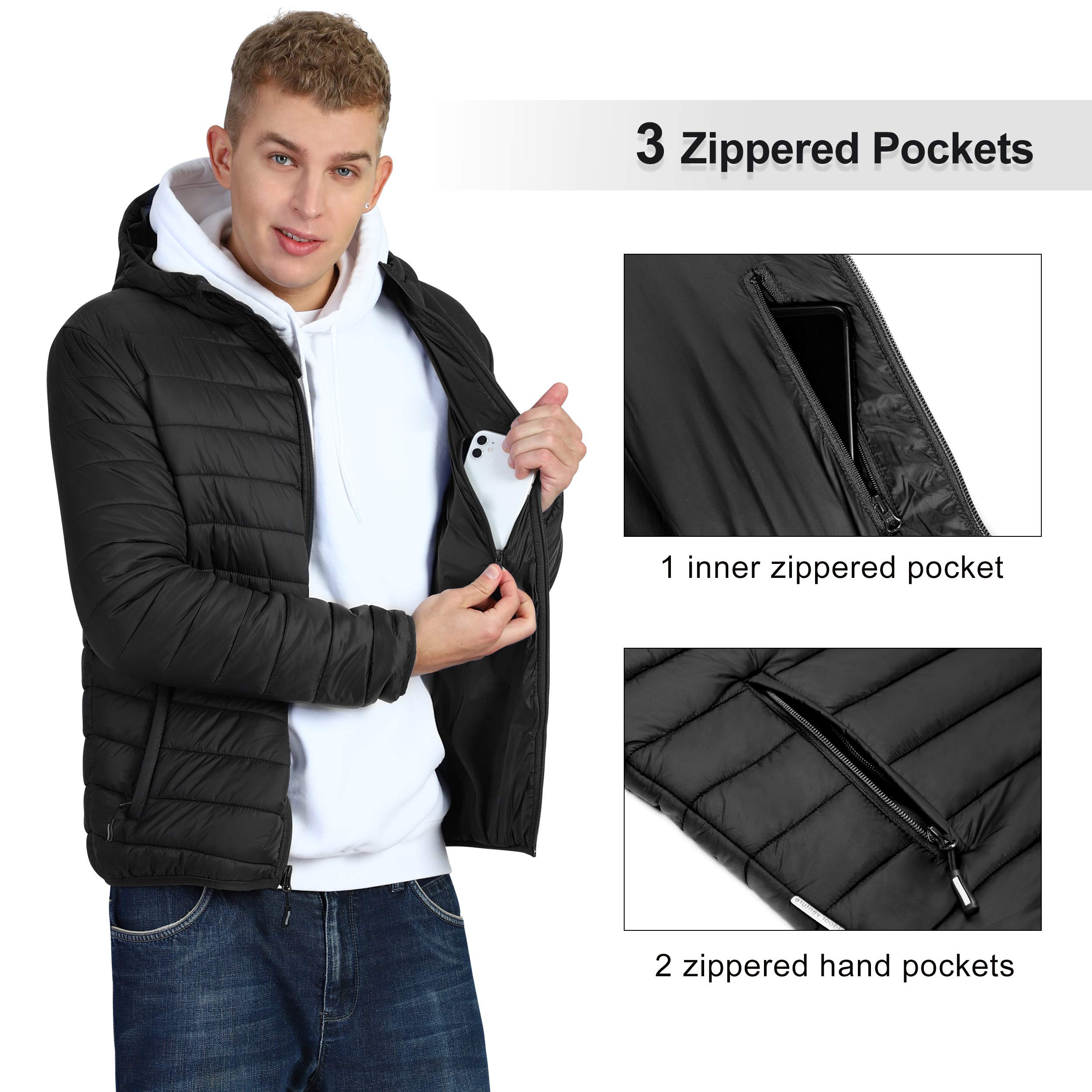 Outdoor Ventures Piumino da uomo leggero ripiegabile con cappuccio Cappotto invernale isolato per sci da neve e viaggi, Nuovo nero (piega nella borsa), XX-Large
