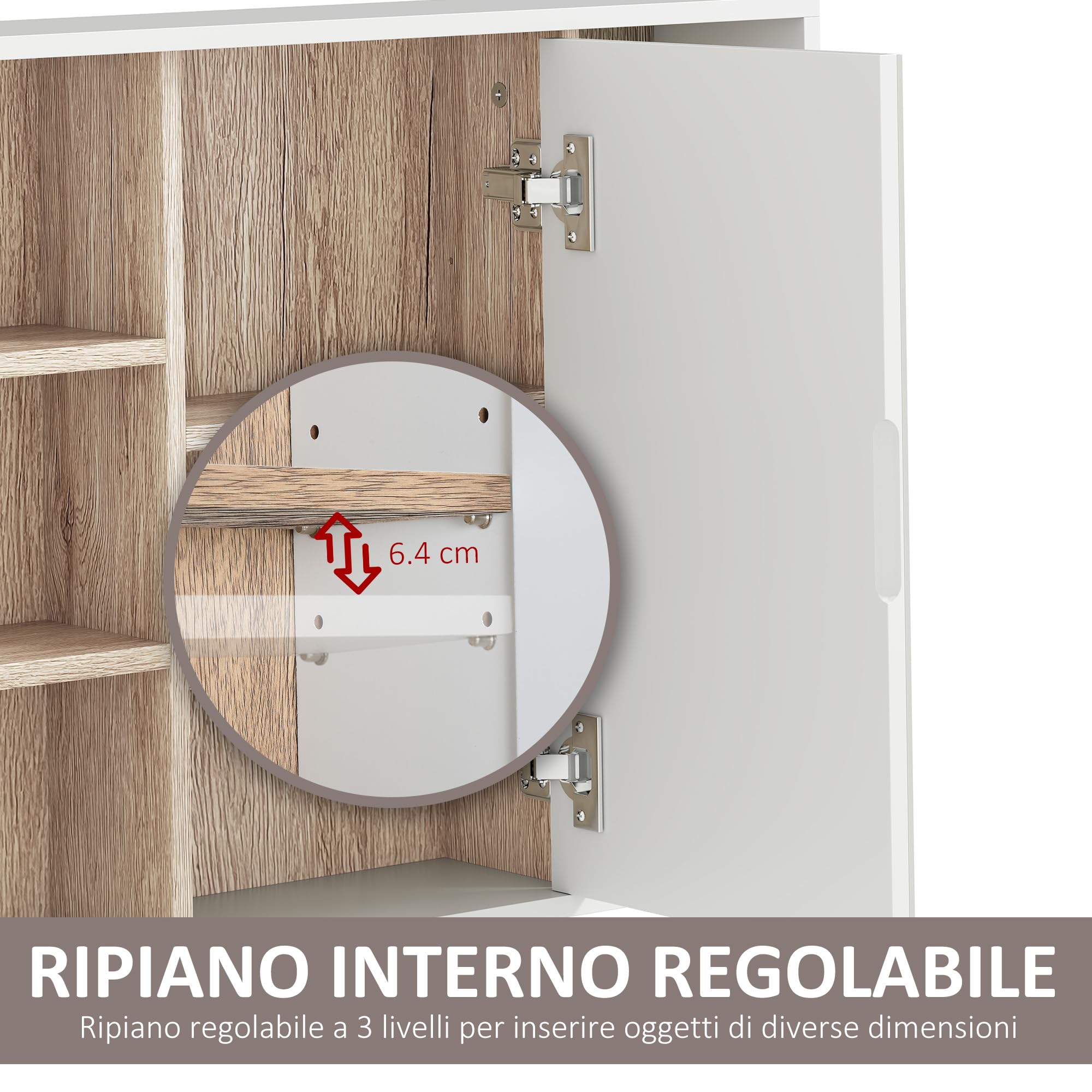 HOMCOM Mobile Bagno con Specchio, 60x14.5x49.4 cm Bianco e Color Legno | 3 Ripiani Laterali, Ripiano Regolabile Interno, Specchio Bagno Contenitore in Legno