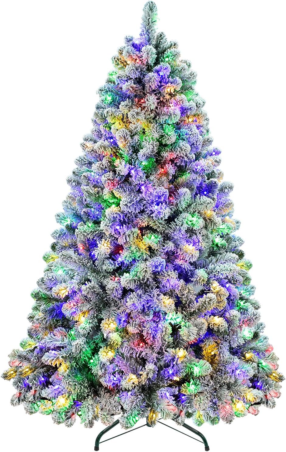 Prelit Colorful Christmas Tree 6ft - Artificial Snow Christmas Trees 260 Multicolored Lights, Fiber Optic Christmas Tree with 8 Light Modes - Easy Assembly, Xmas Tree for Home Office and Party Dec