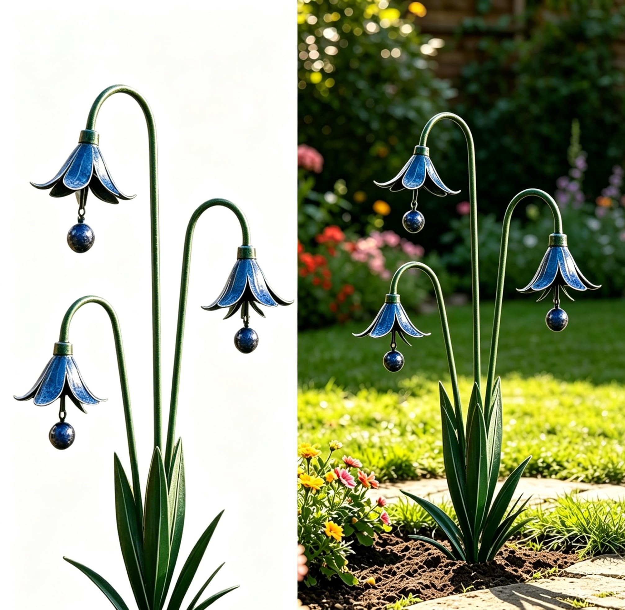 Triple Bluebells Garden Stake with Bell, Three Bluebell Garden Wind Chime Sculpture,Vintage Metal Flower Outdoor Yard Decoration, Rustic Handmade Ornament for Gardens Lovers