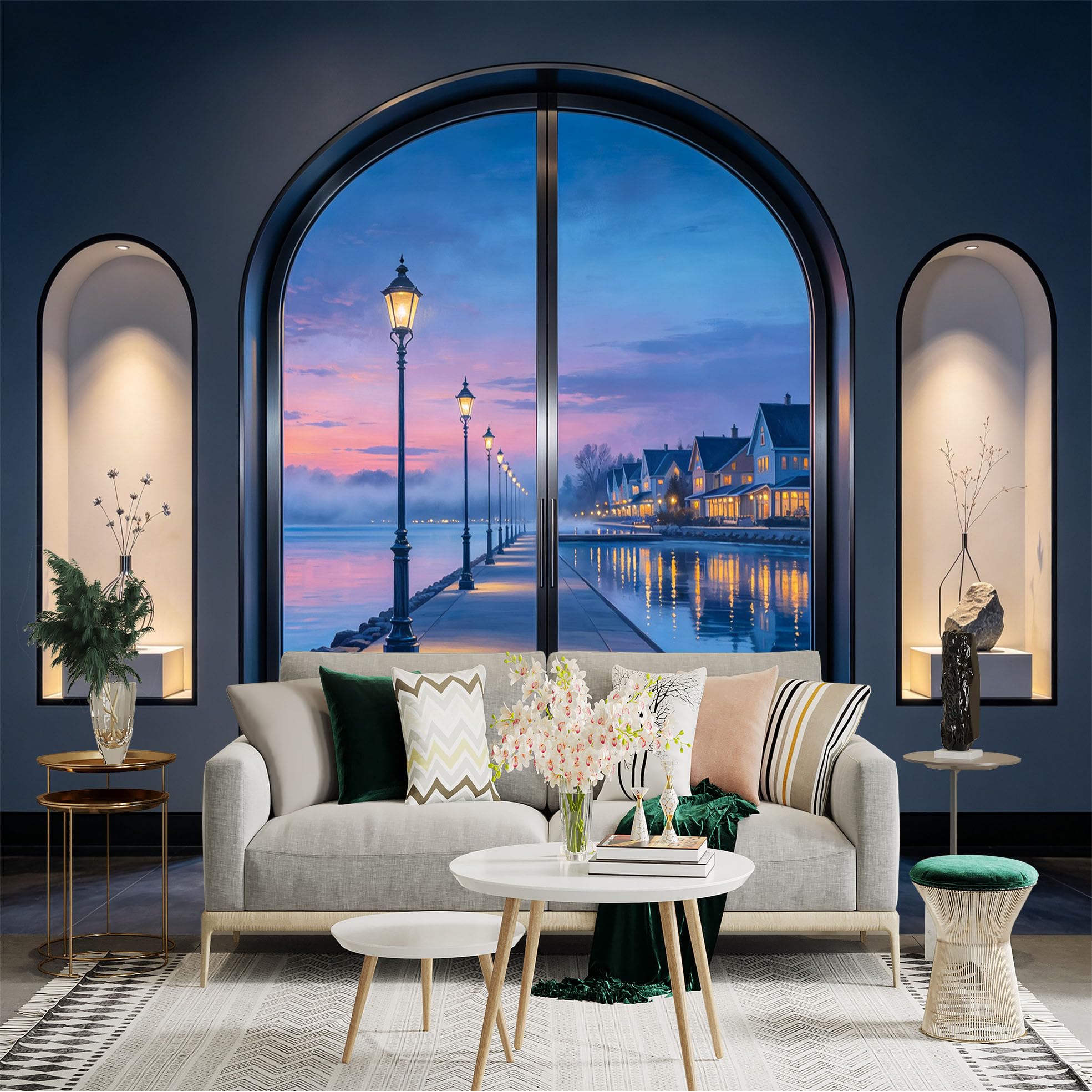 Custom Size Wall Sticker Mural， Lakeside Sunset Pier with Street Lamps and Waterfront Houses， for wall Decoration， peelandstick wall Decals.