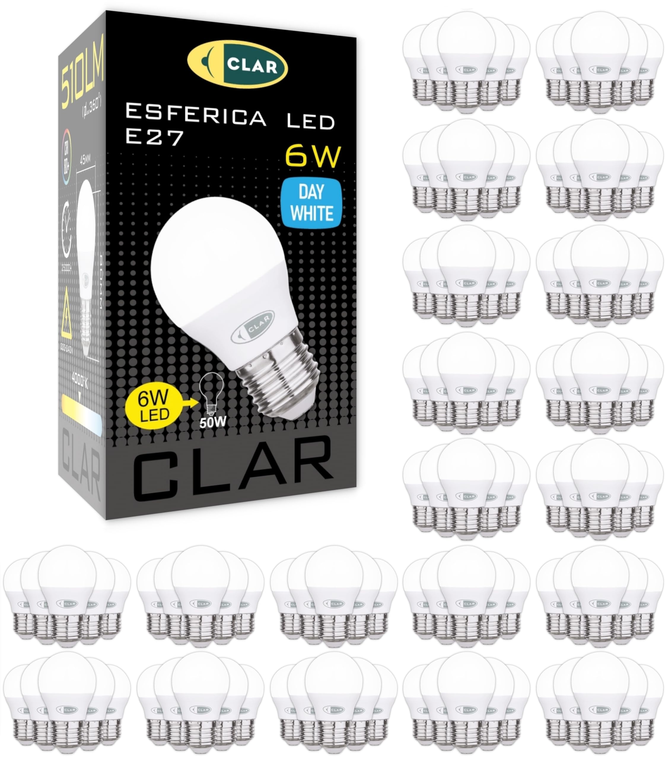 CLAR - Bombilla LED E27 4000K, Bombilla LED E27 Pequeña, G45 6W (Pack 100)