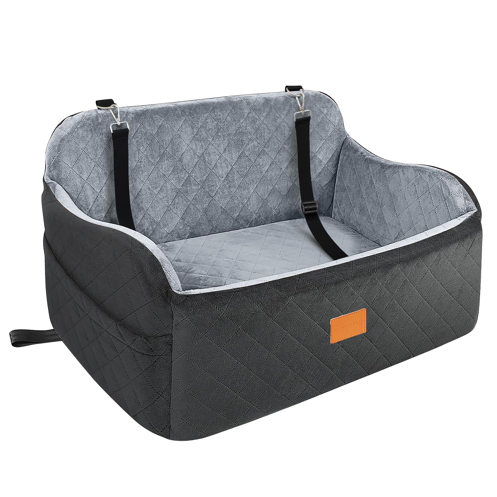 Dog Car Seat for Medium/Large Dogs, Dog Booster Seat Filling in Thick Memory Foam with 2 Safety Leashes and Storage Pocket, Suitable for Pet Under 55lb or 2 Puppies (Black/Grey)