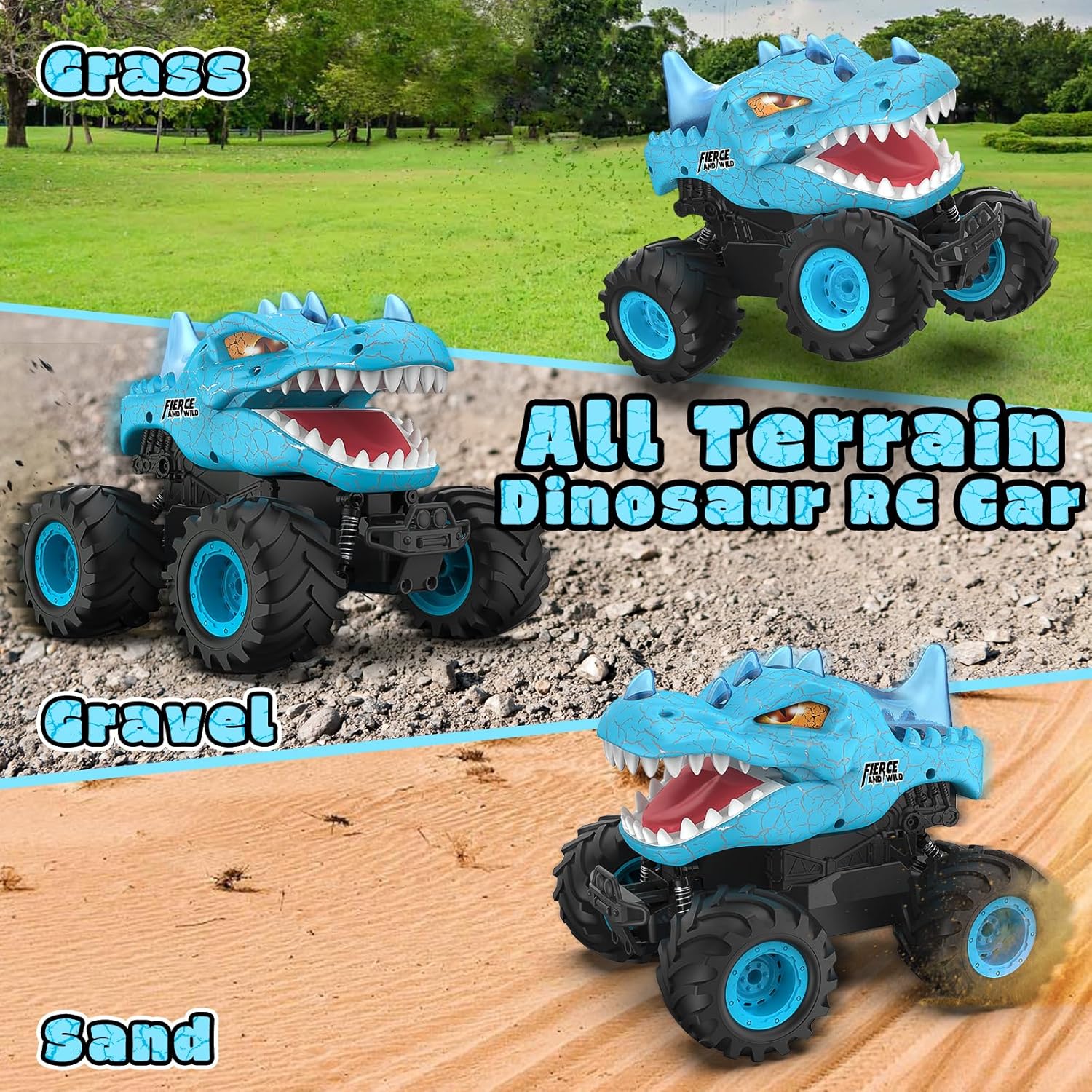 Dinosaur Remote Control Car, 2.4GHz Monster Truck Toys Rechargeable RC Cars 1:24 Scale RC Truck with LED Light Movable Mouth, Dinosaur Cars Toys for Kids Boys 6-8 8-12 Birthday Gift, Blue