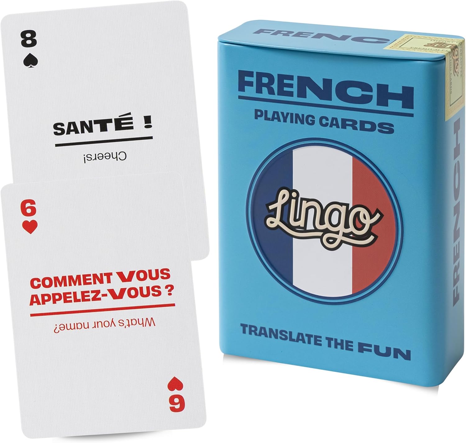 Lingo French Playing Cards in Wayfarer Tin Box | Travel Flashcards | Learn French Vocabulary in A Fun & Easy Way | 52 Essential Translations