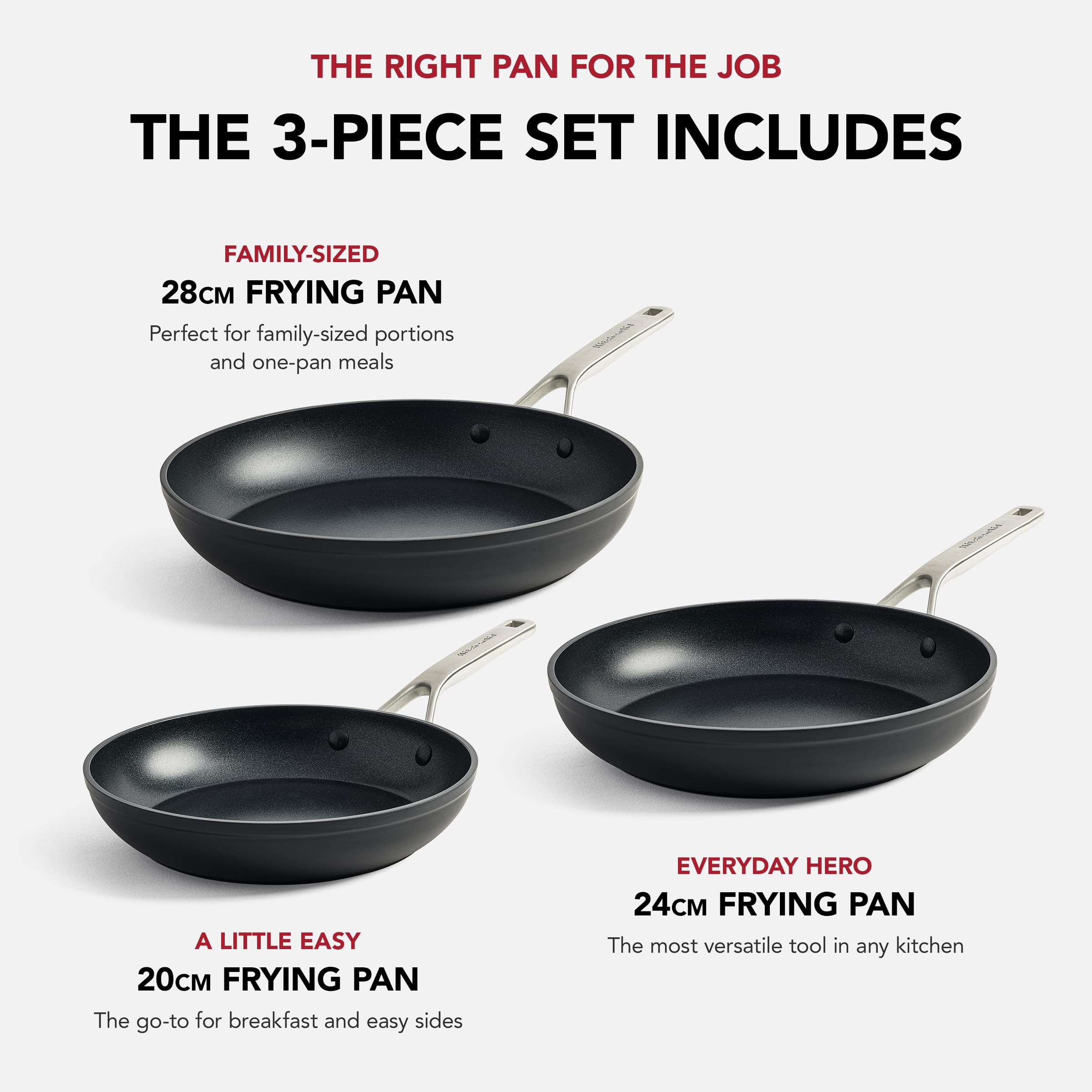 Kitchenaid Bratpfannen-Set - Classic Forged Aluminium - Induktionsgeeignet, PFAS-freie keramische Antihaftbeschichtung - 20/24/28 cm - Ofen und spülmaschinenfest - Schwarz