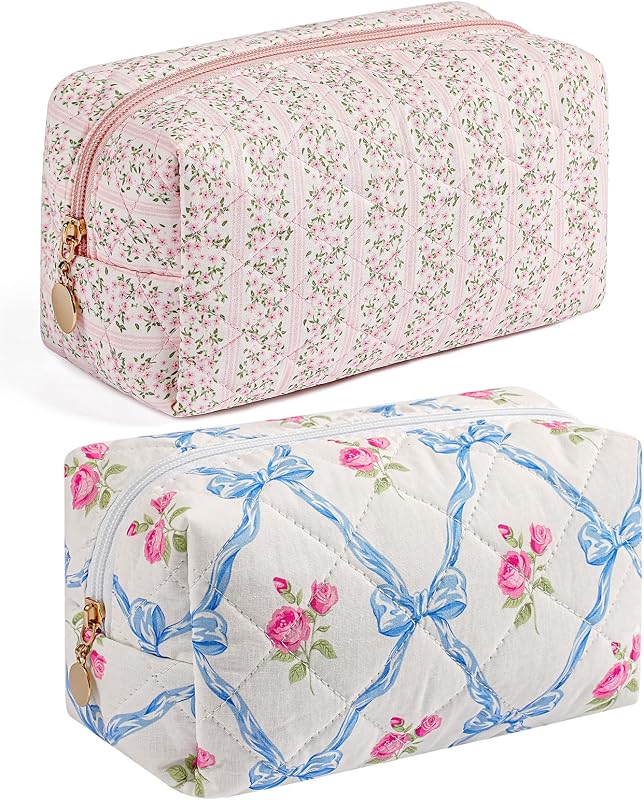 Necessaire de maquiagem HHQQWZ com zíper, estampa floral, rosa e laço azul