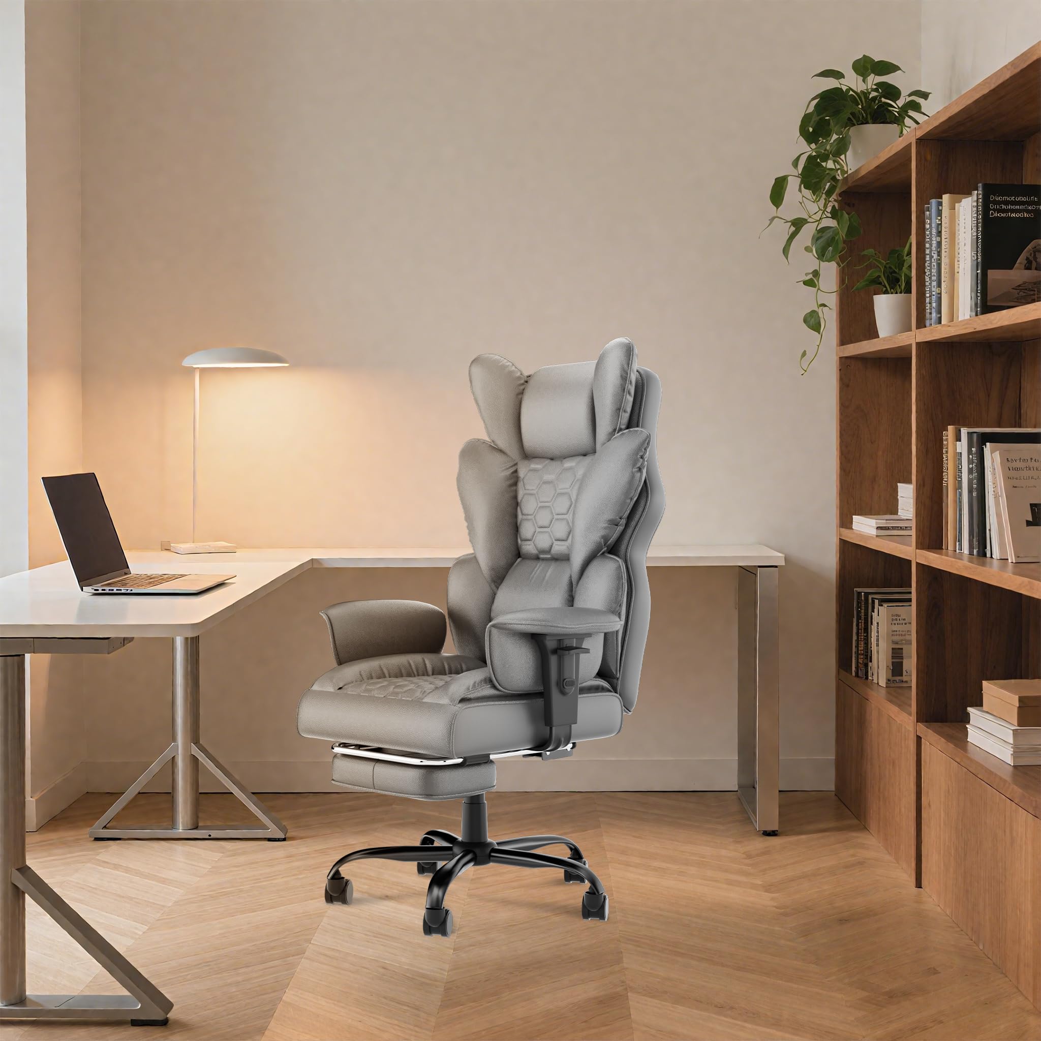 ACXIN Ergonomischer Chefsessel Bürostuhl PU-Leder mit hoher Rückenlehne, 150° verstellbar, verstellbare Armlehnen & Fußstütze für Büro, Homeoffice & Gaming (Grau, Belastbarkeit 150 kg)