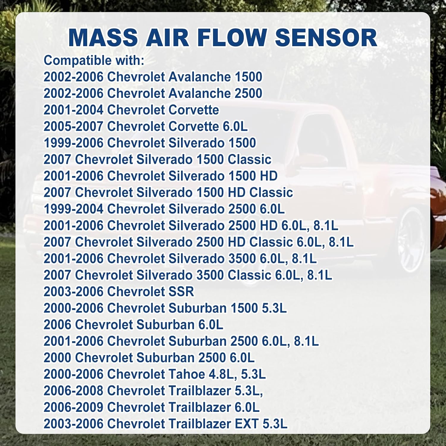Mass Air Flow Sensor MAF Compatible with Buick Rainer 2004-2007 Chevrolet Silverado 1500 2500 3500 1999-2007 GMC Yukon 2000-2006 Replace AF10043 25168491 213-4160