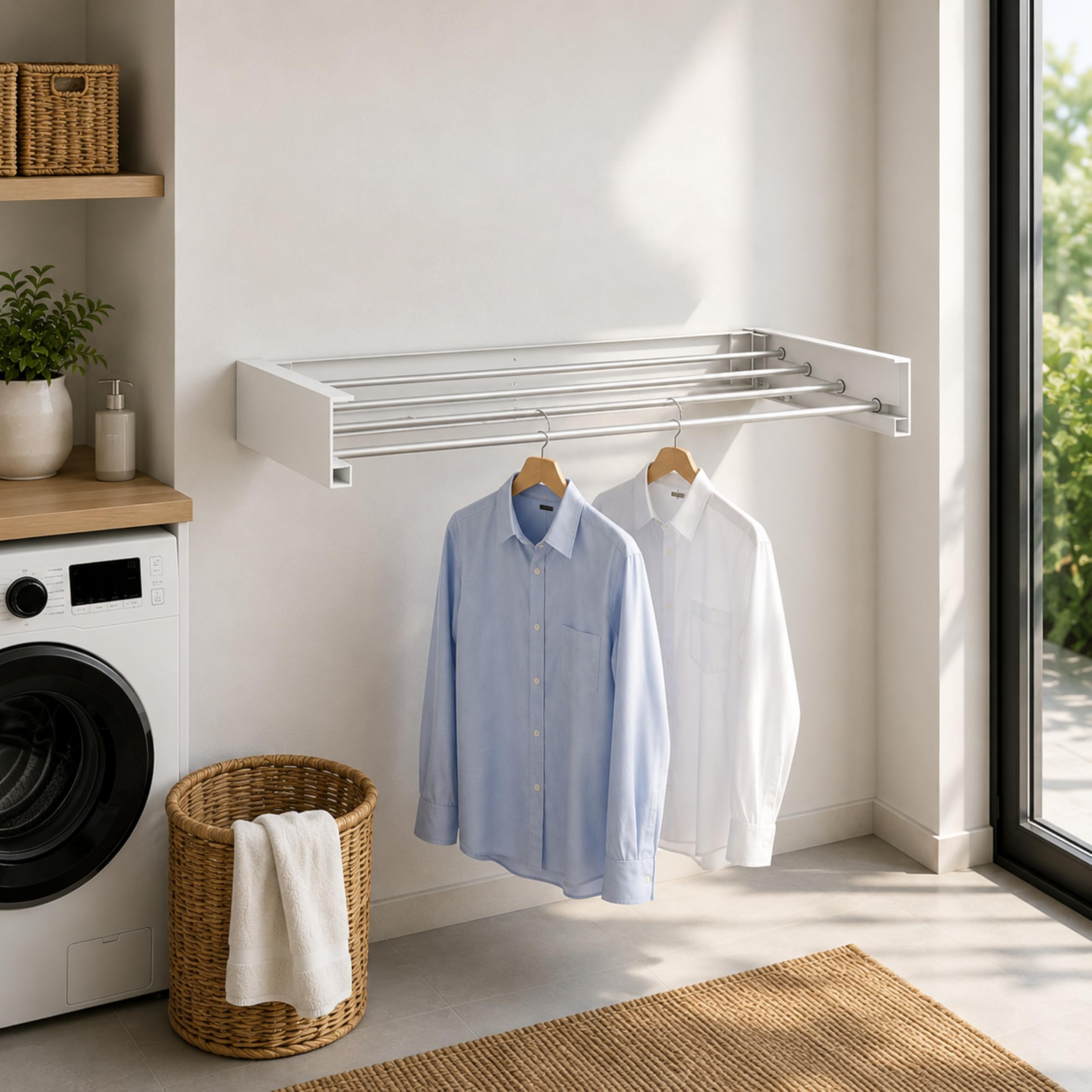 Tendedero Plegable de Pared Blanco 100 cm – Tendedero Extensible de Aluminio para Ropa, Interior y Exterior, Ahorro de Espacio, 6 Barras, Carga máxima 27 kg