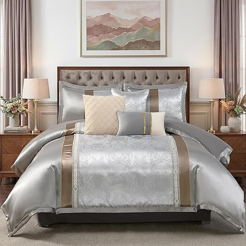 King Duvet Cover Set 8 Piece Vintage Floral Gray Botanical, Seamless Non-Quilted Bedding with Comforter Insert, Zipper & 8 Anchor Ties