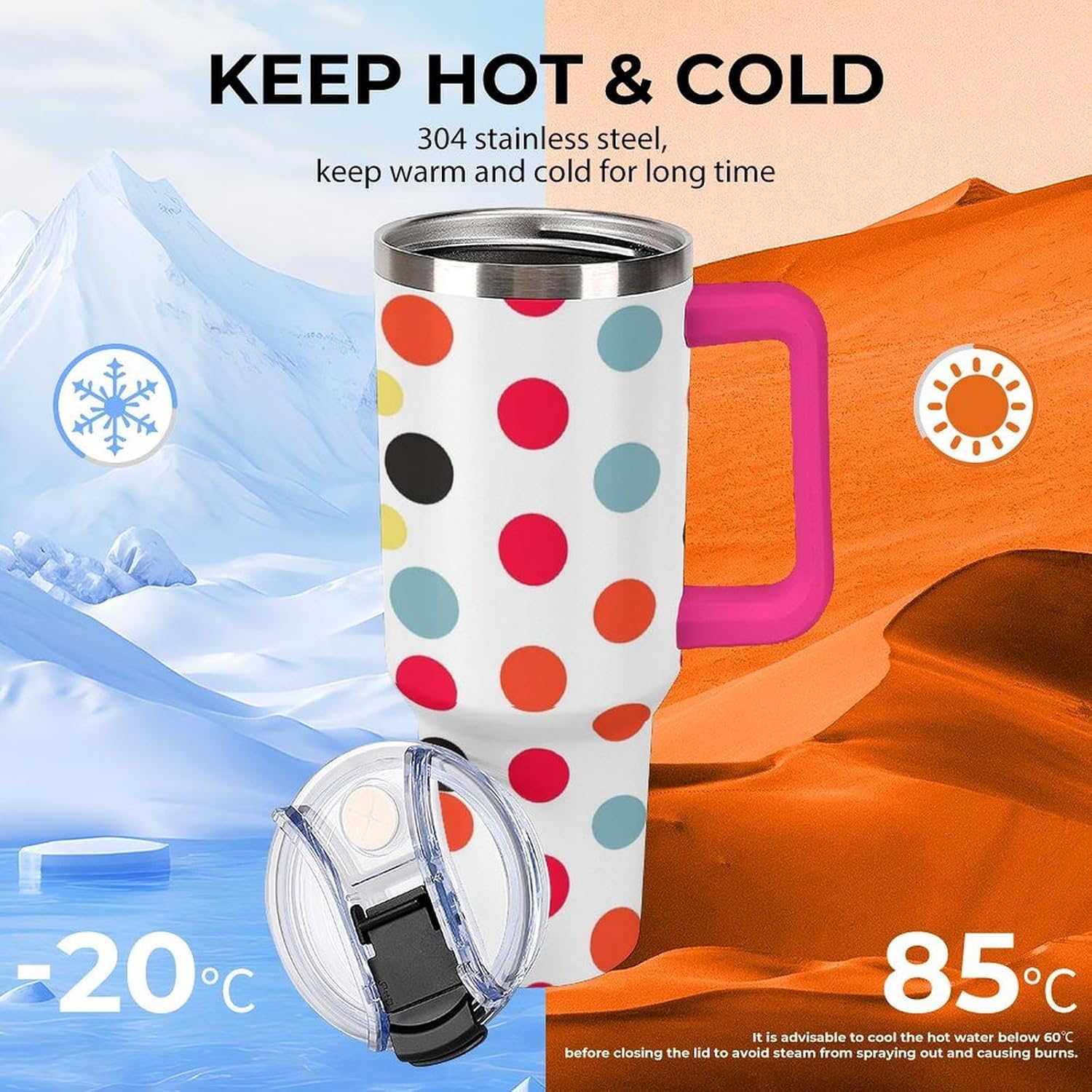 Polka Dot Travel Coffee Mug Reusable Durable Stainless Steel Insulated Tumbler with Handle And Straw Leak Resistant Portable Thermal Cup Gifts for Men Women 40 Oz
