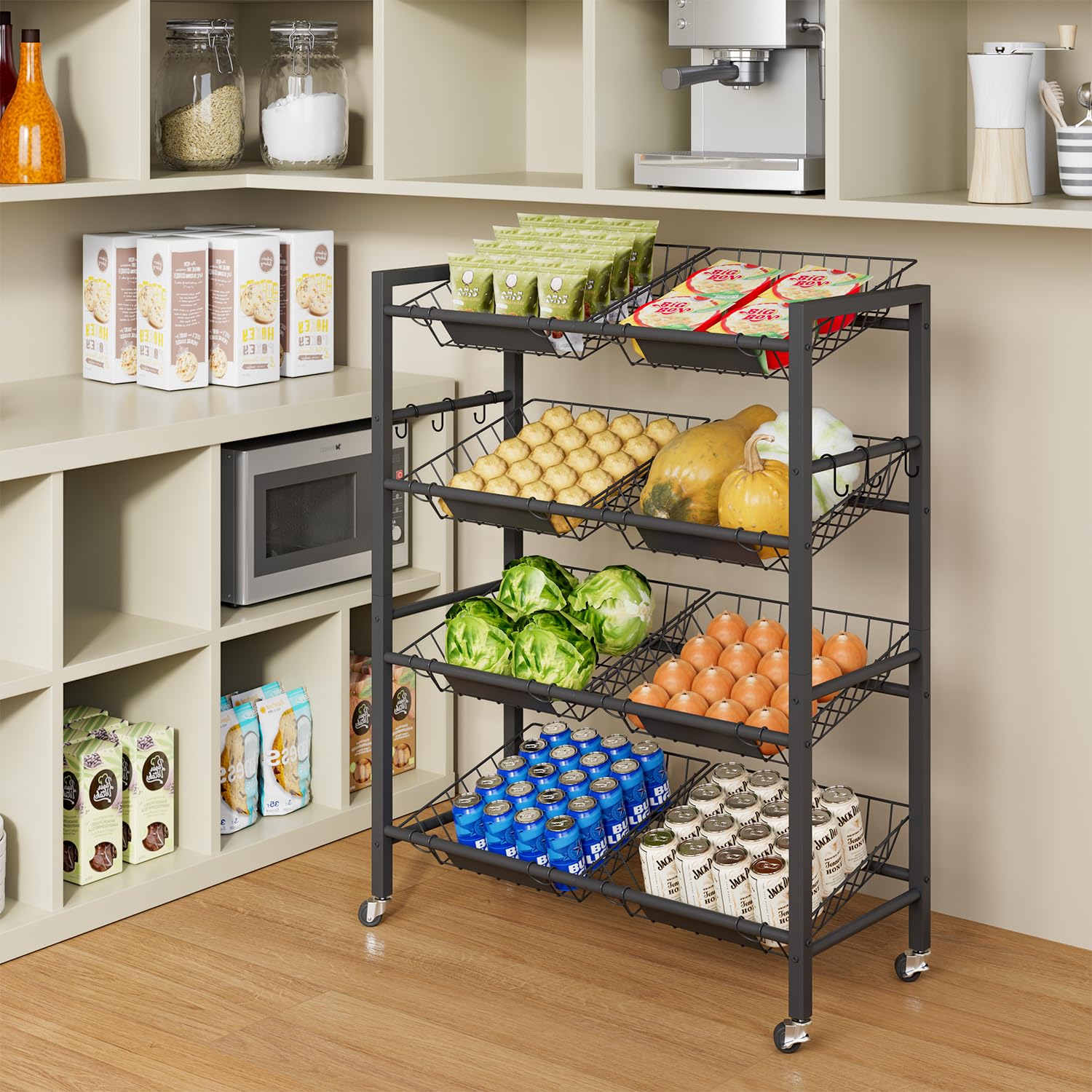 IBUYKE Carrello Grande per Conservazione di Frutta, Carrellino Portatutto in Metallo con 8 Cestelli Rimovibili,Carrello Multiuso con Ruote per Contenitori di Verdure Cipolle e Patate,Nero TLJ025B