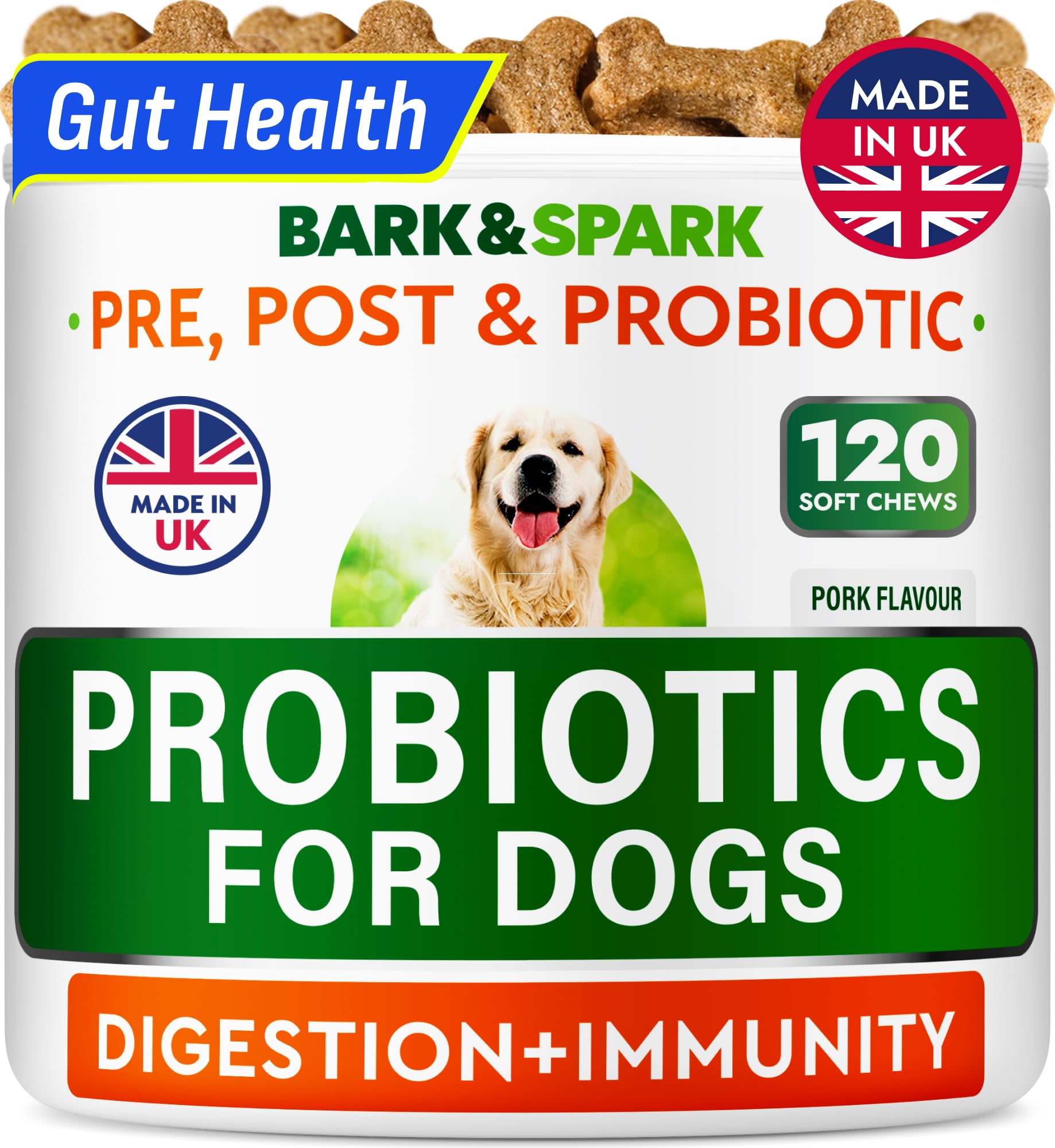 Advanced Dog Probiotics for Gut Health with Fibre - Made in the UK - Pre, Post & Probiotic - Dogs Digestive Health Sensitive Tums Support - All Breeds & Ages - Probiotics for Dogs (120 Ct, BBQ Pork)
