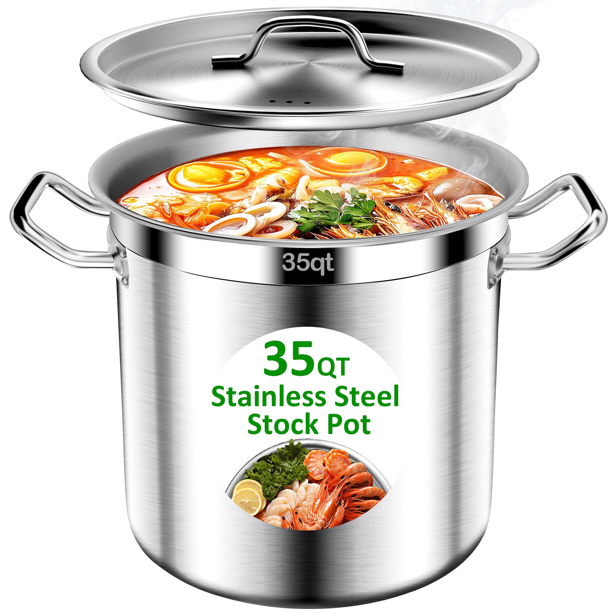 Stockpots-35QT Stainless Steel Large Stock Pot with Lid, Heavy Duty Tri-Ply Bottom Commercial Grade Stock Pot &amp; Stockpots for Boiling Cooking Soup Stew Canning Cooking Pots, Big Stockpot