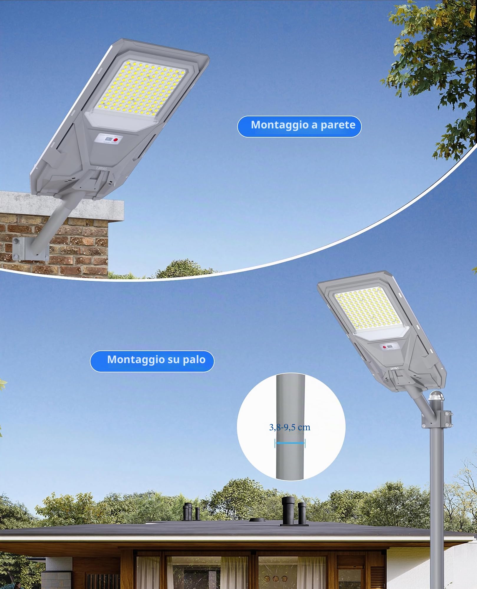 JAYNLT X-10000W Lampione Solare LED Esterno con Sensore Movimento, 6500K Faro led Esterno con Pannello Solare, IP67 Impermeabile lampioni Solari per Cortile Garage Giardino Strada