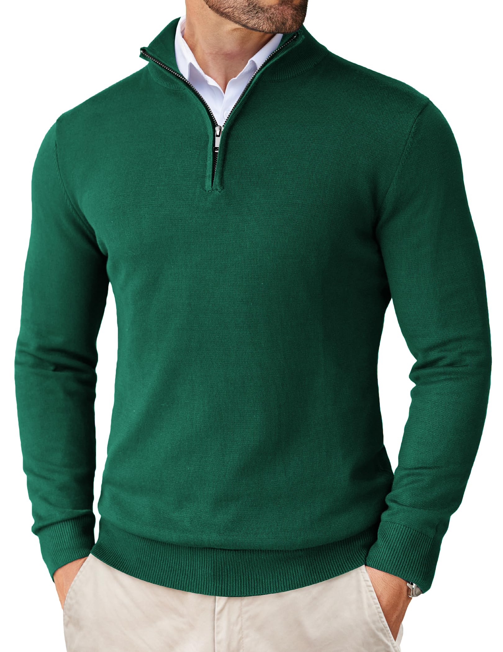 COOFANDY Maglioni da uomo con zip a quarto Slim Fit leggero collo a lupetto pullover casual polo maglioni, verde scuro, M